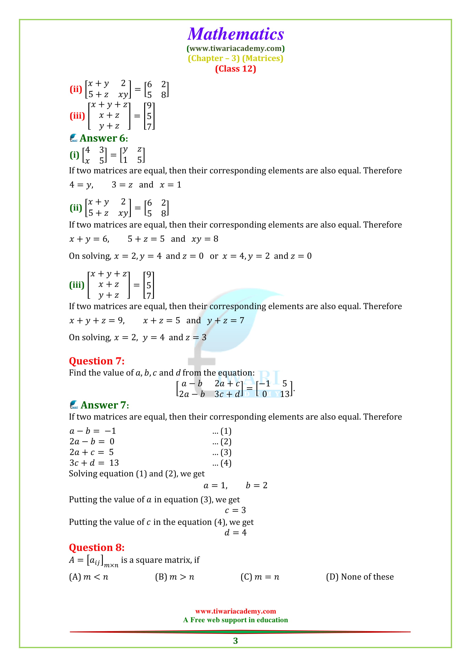 NCERT Solutions For Class 12 Maths Chapter 3 Exercise 3.1 Matrices PDF