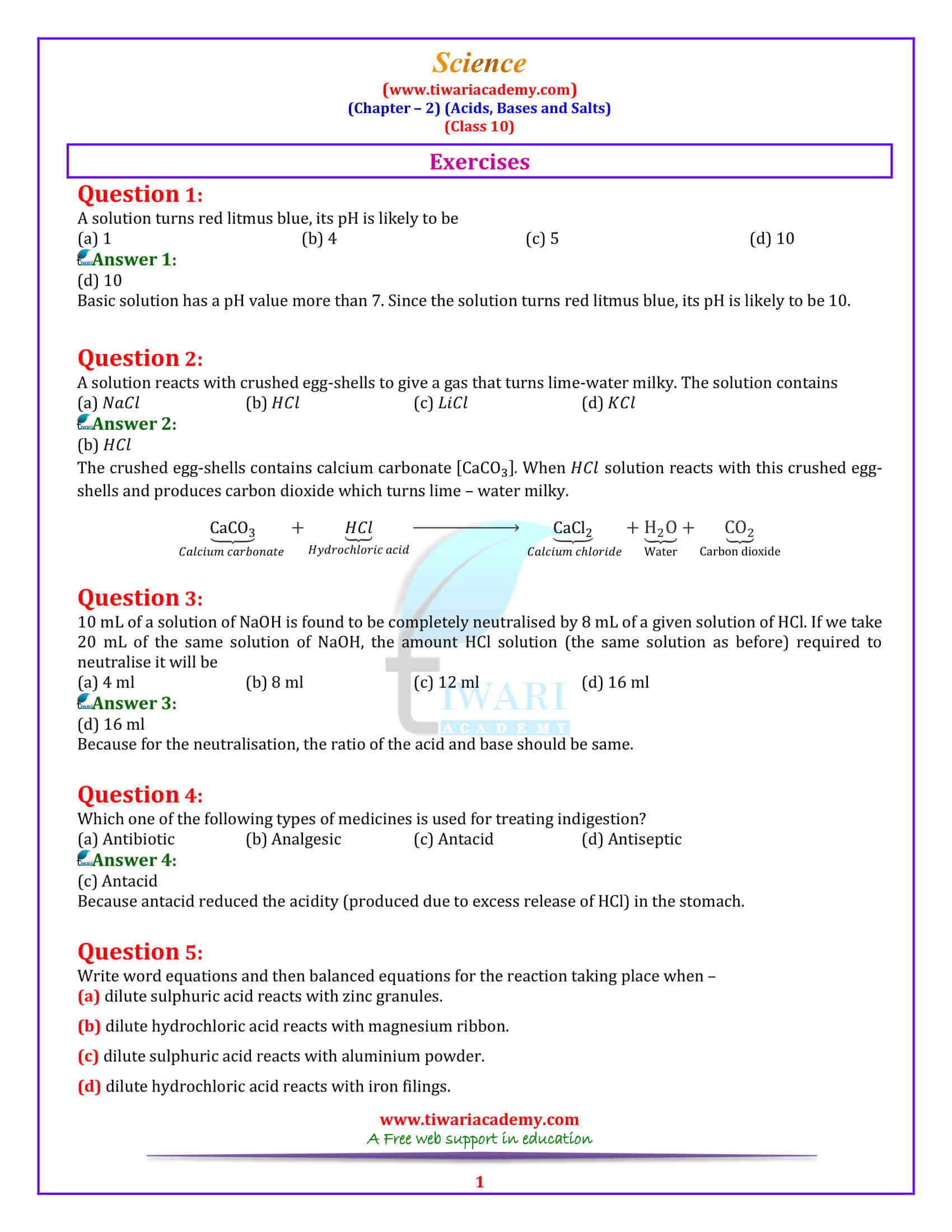 NCERT Solutions for Class 10 Science Chapter 2 Acids, Bases and Salts