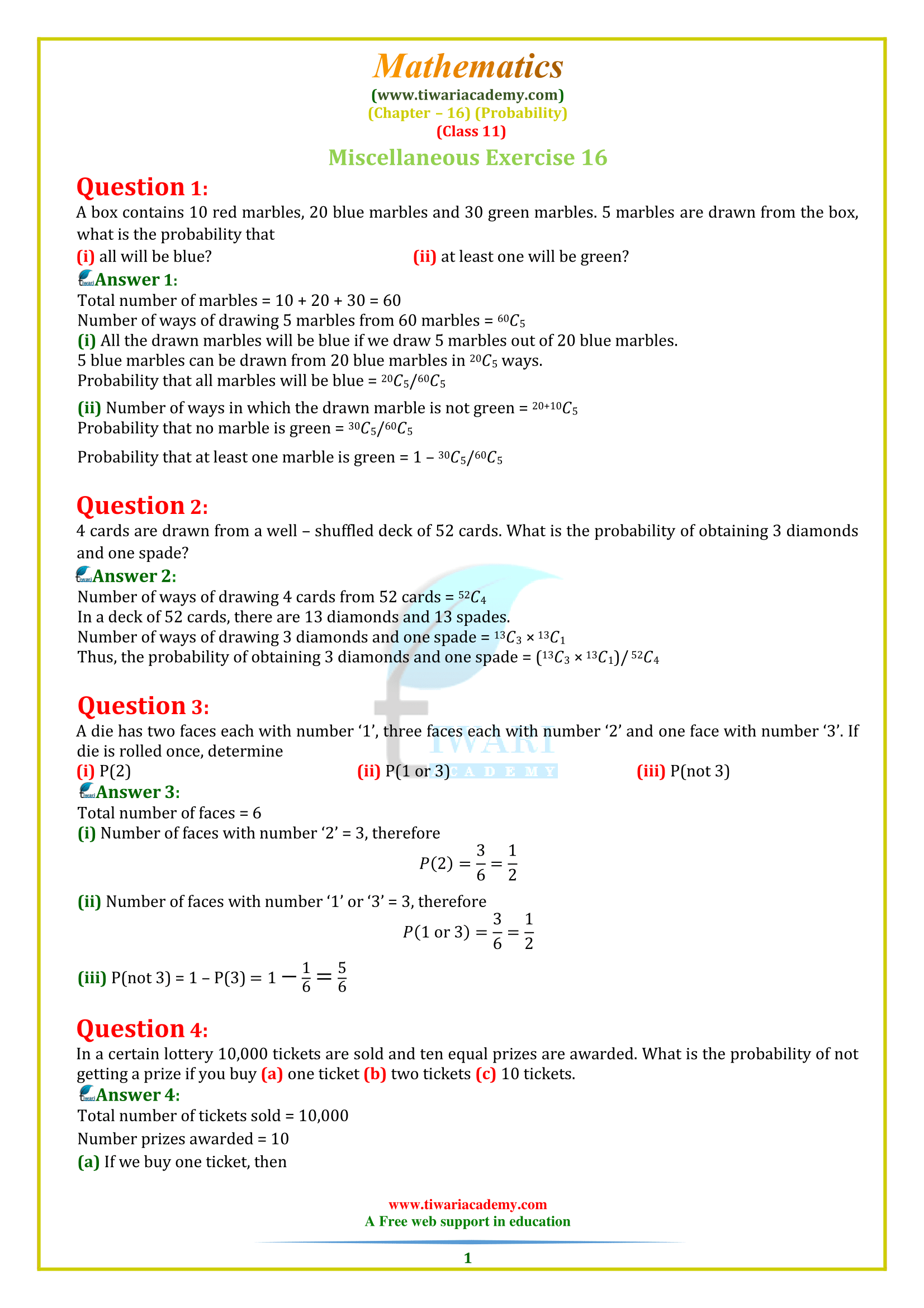 NCERT Solutions for Class 11 Maths Chapter 16 Probability in PDF