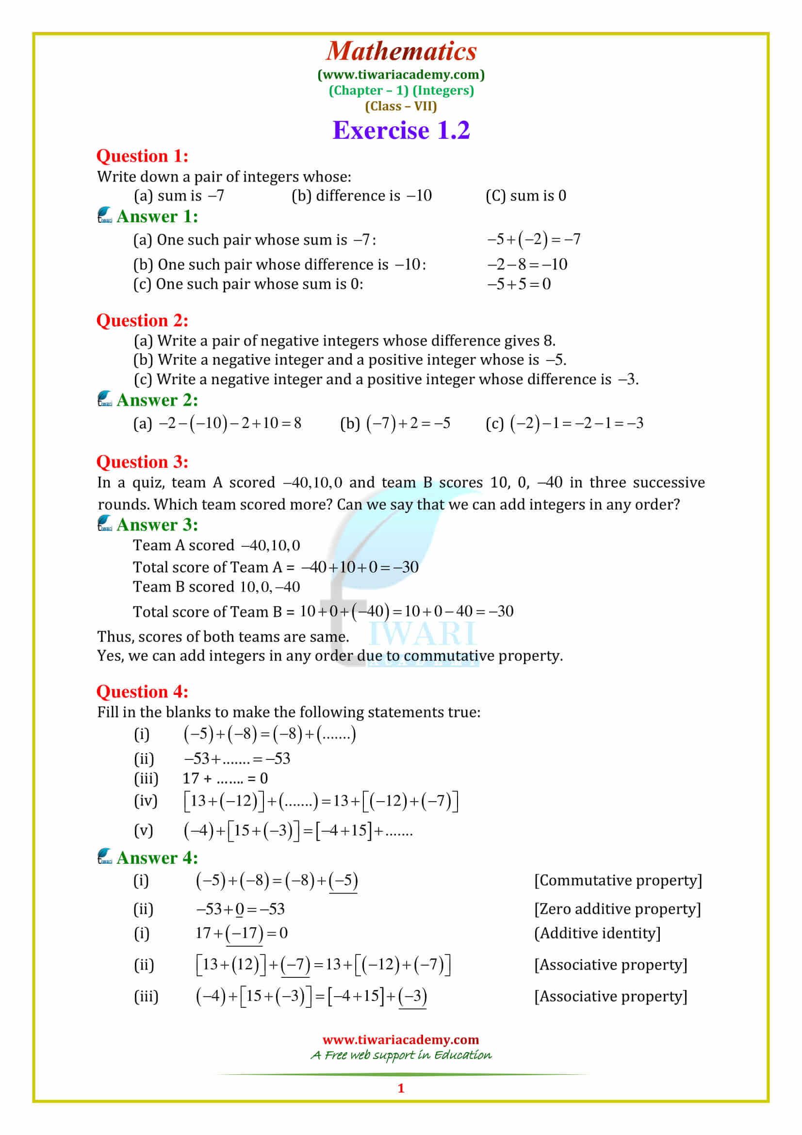 NCERT Solutions For Class 7 Maths Chapter 1 Integers For 2022-2023.