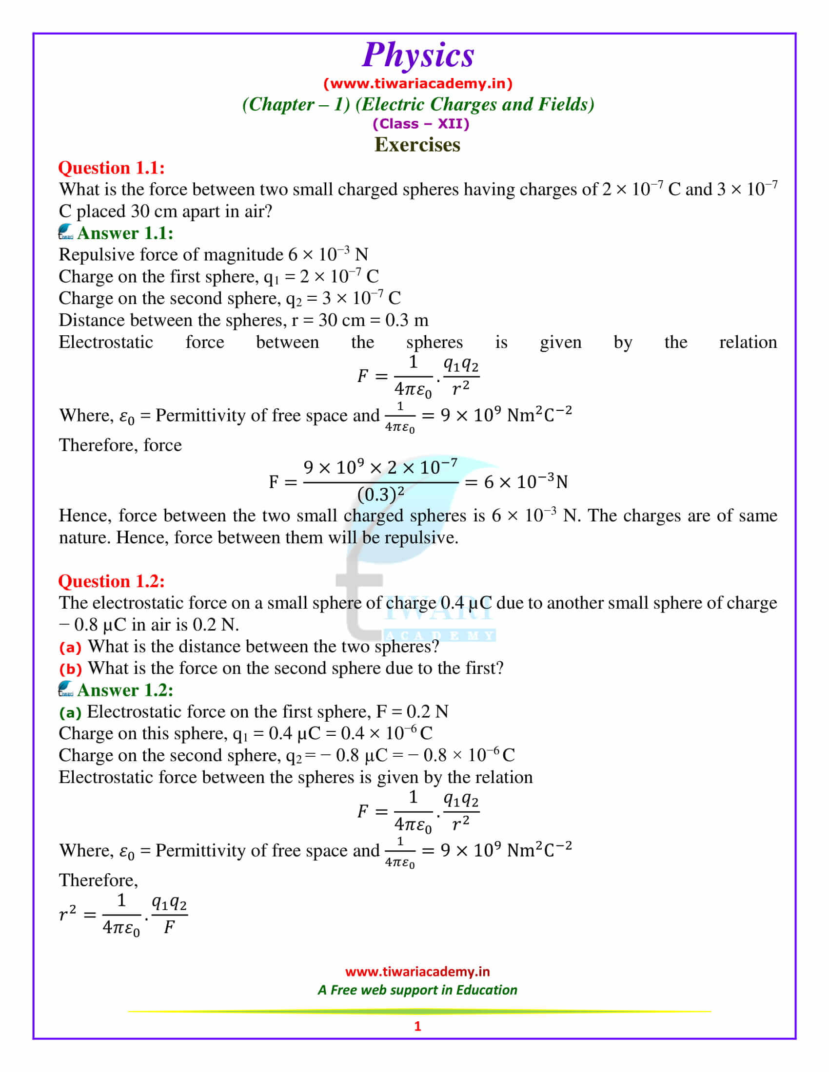 12 Physics NCERT Solutions Chapter 1 Exercises 01 1 