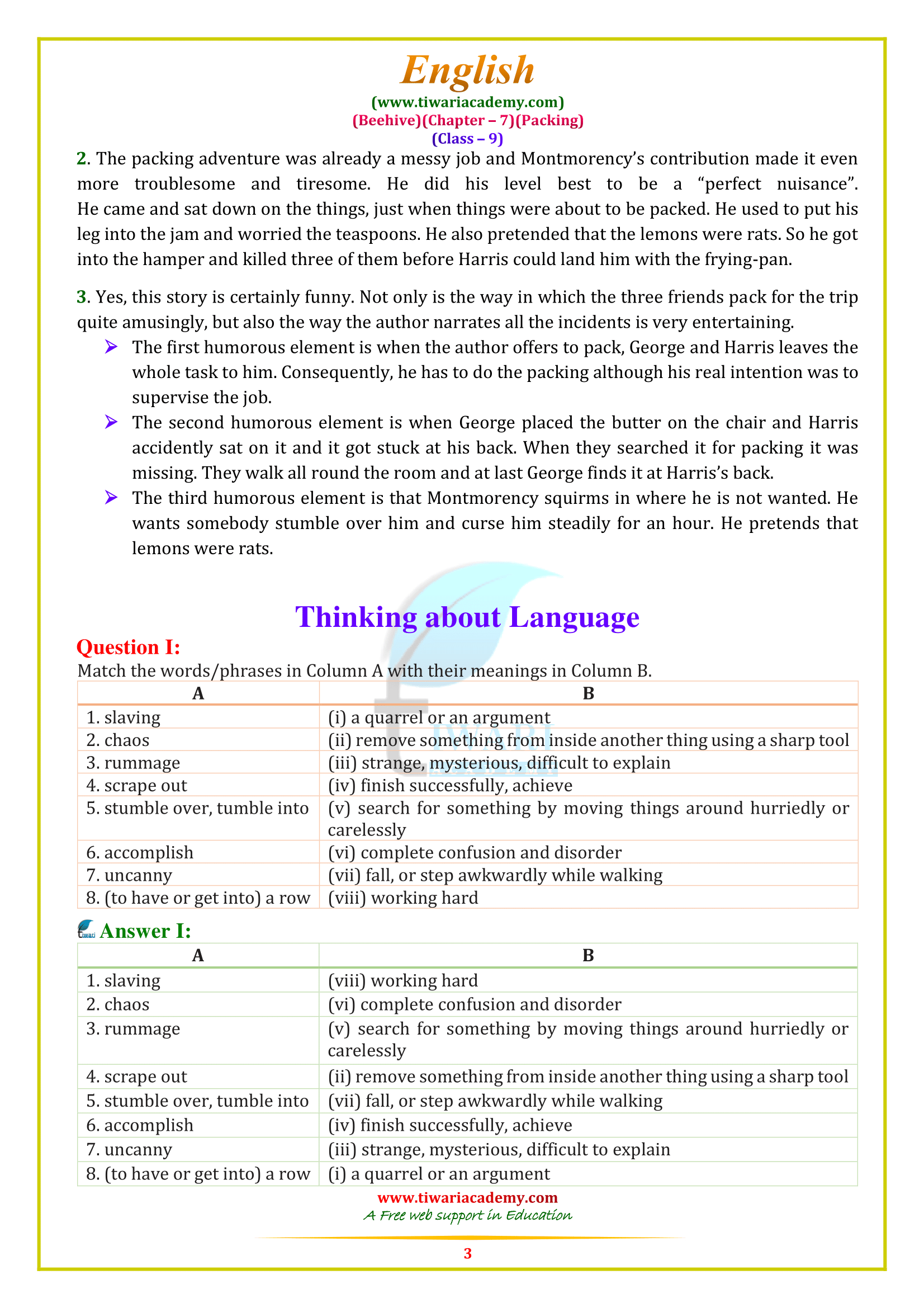 NCERT Solutions For Class 9 English Beehive Chapter 7 Packing In PDF