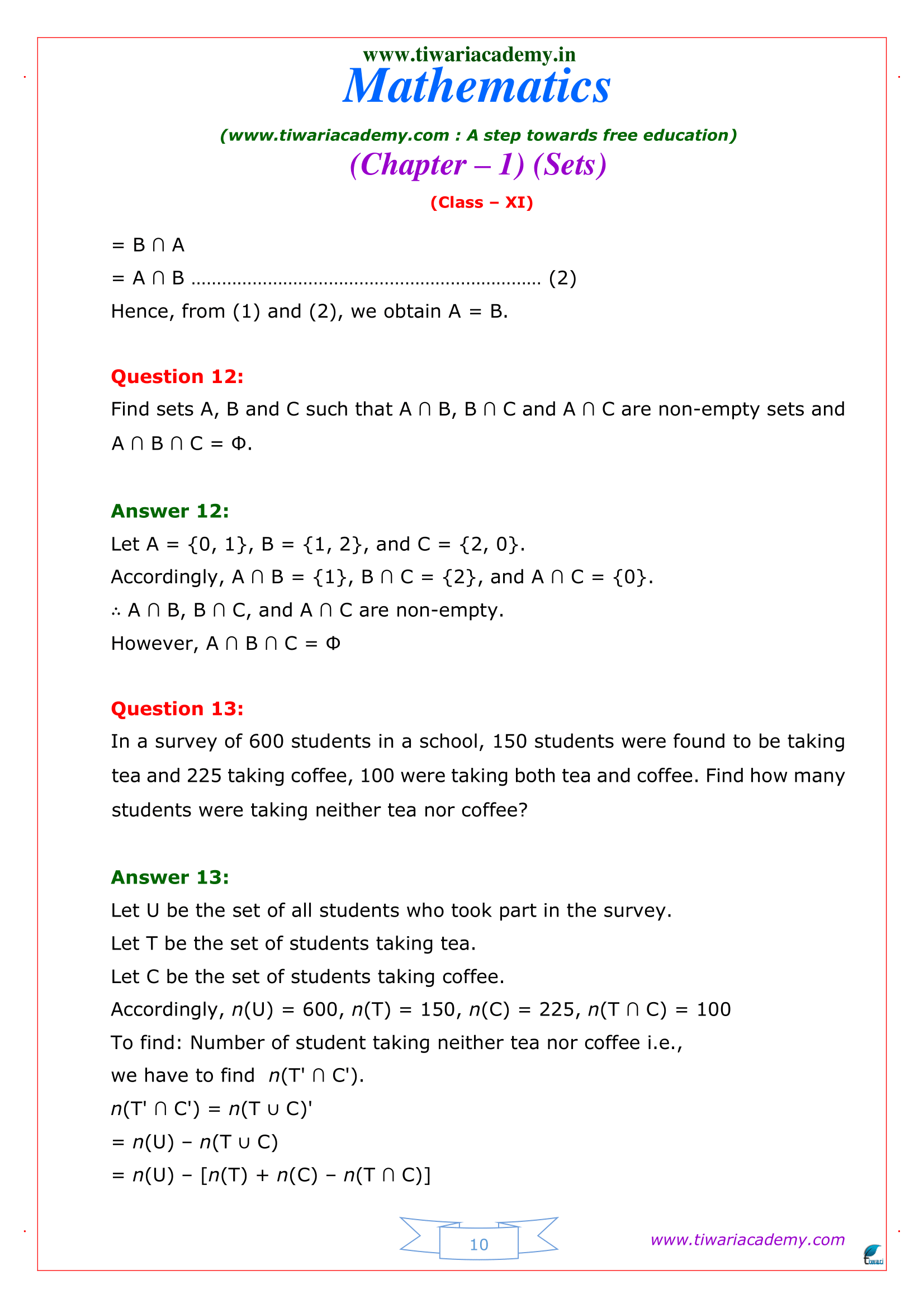 NCERT Solutions For Class 11 Maths Chapter 1 Sets (Updated 2022-2023)