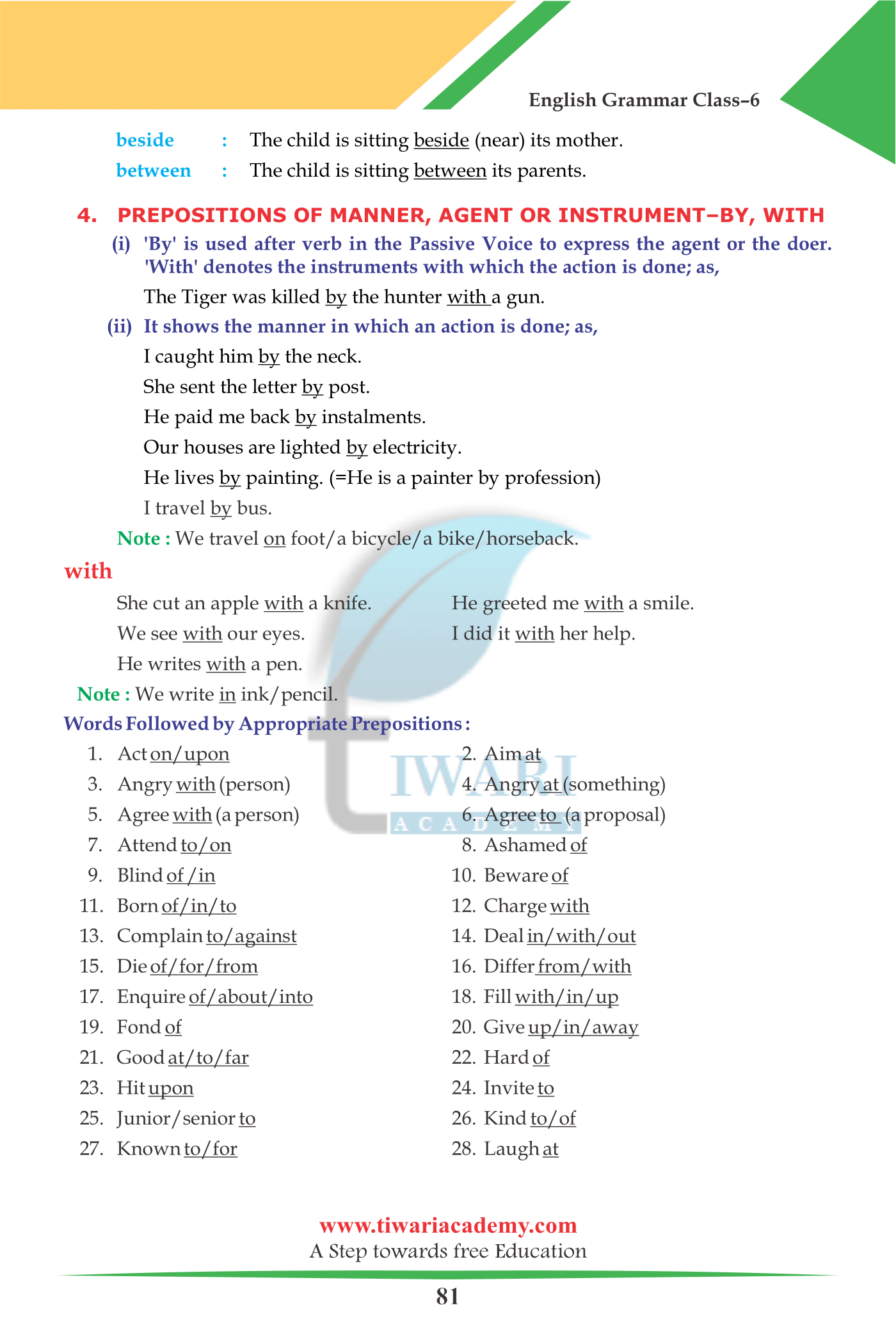 class 6 english grammar chapter 19 the preposition session 2022 2023