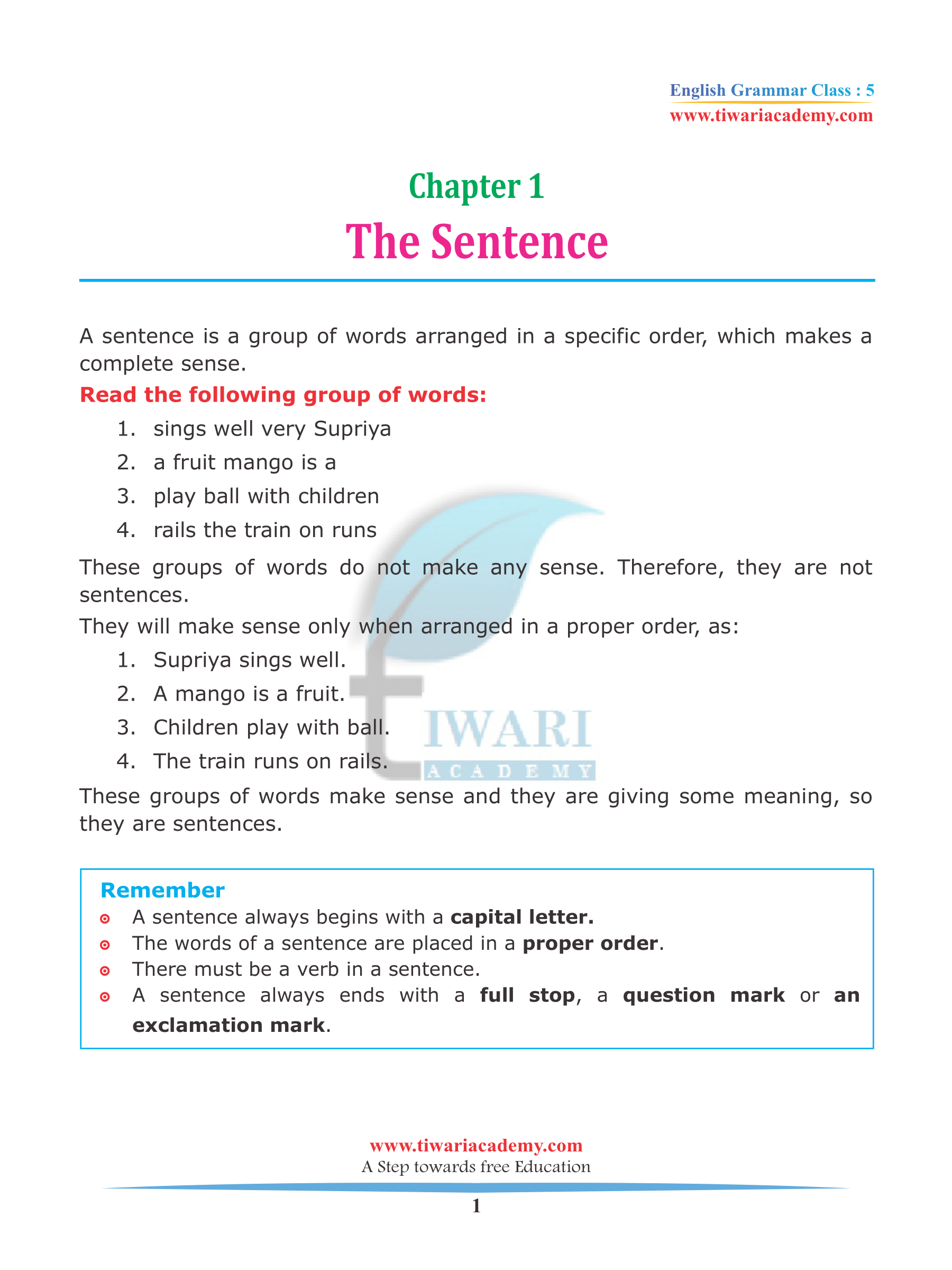 Class 5 English Grammar Worksheets With Answers Chapter 1