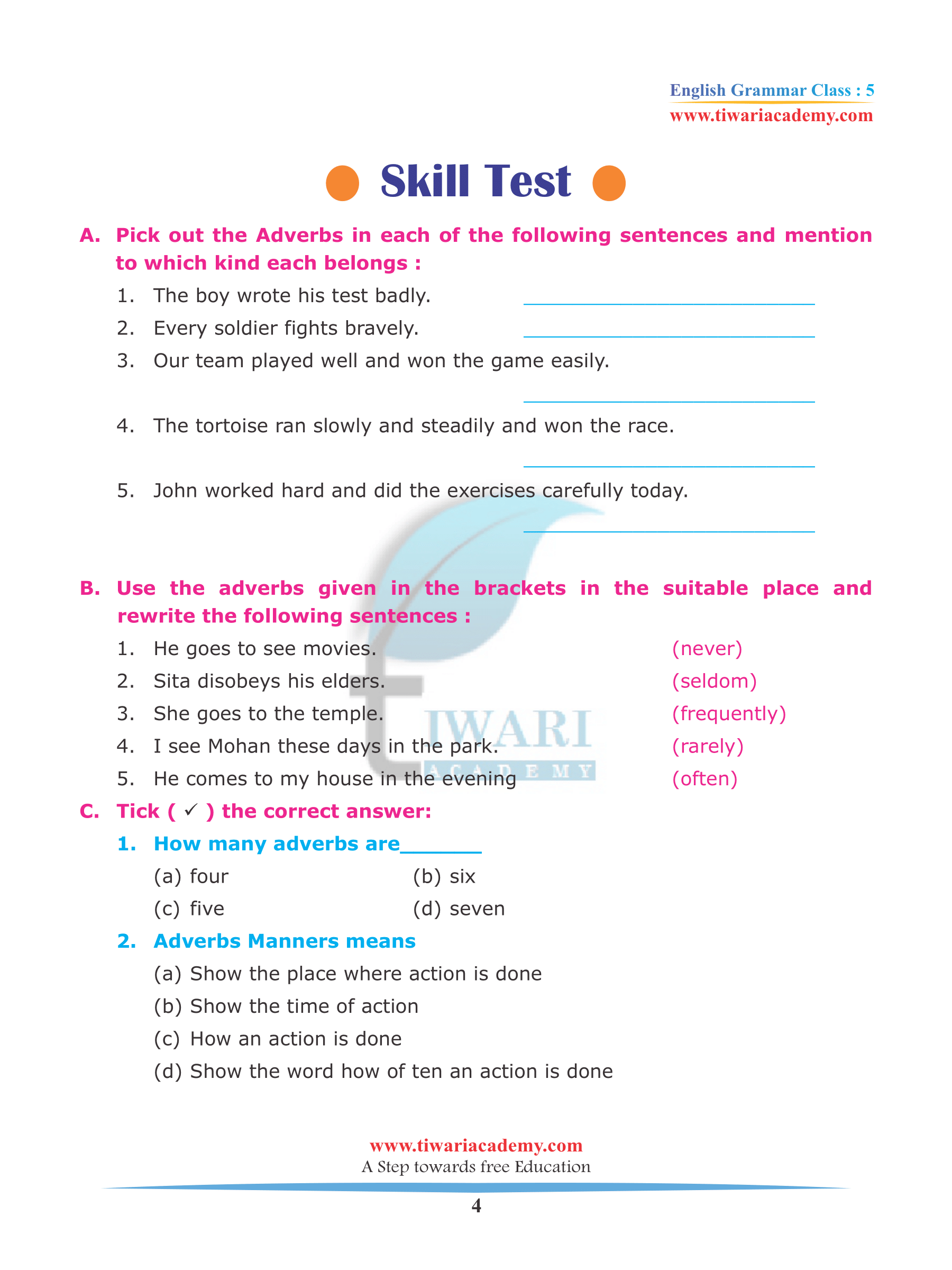 Class 5 English Grammar Chapter 12 Adverbs and its 6 kinds 2022-2023.