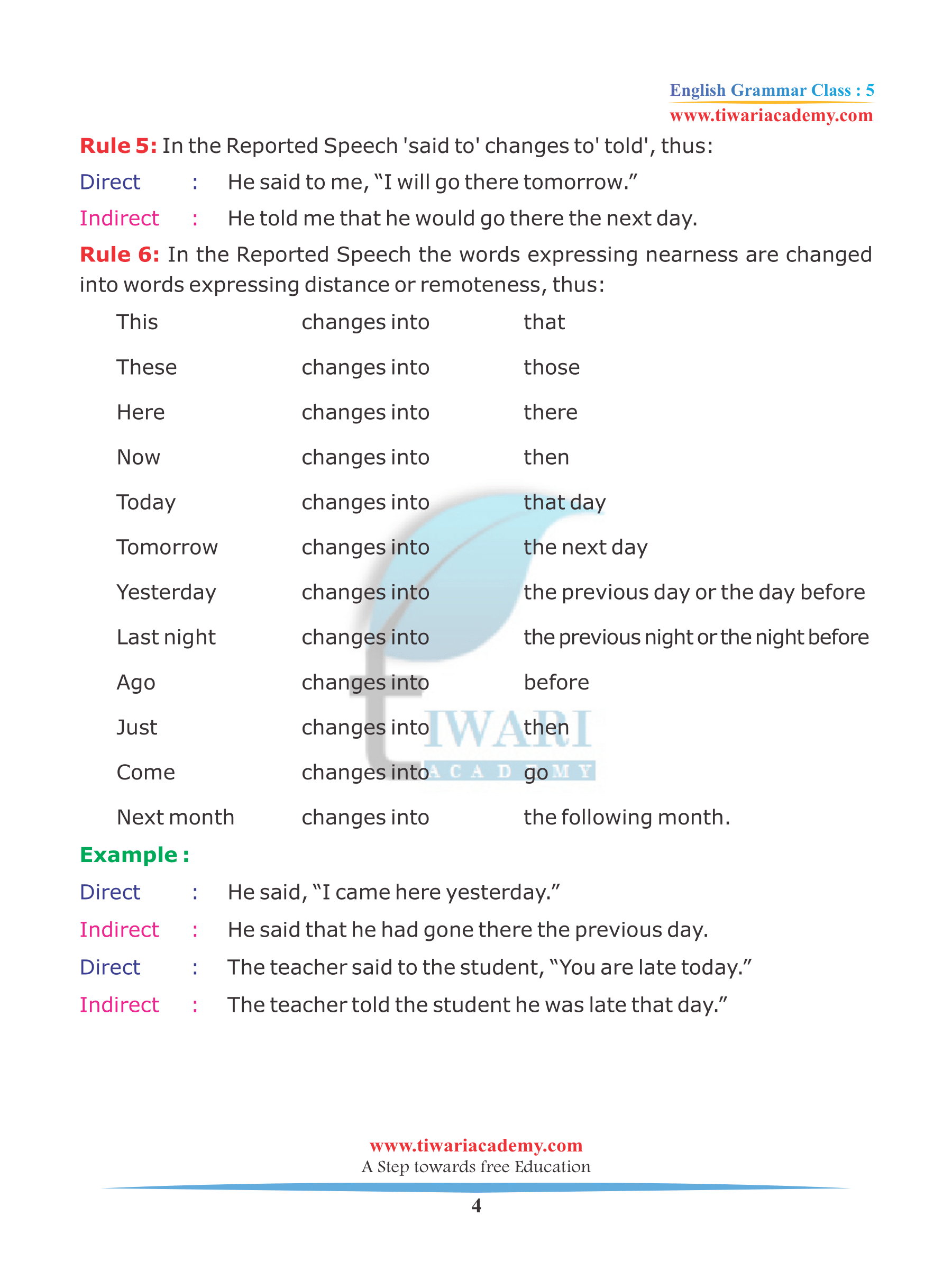 class 5 english grammar chapter 7 reported speech direct indirect