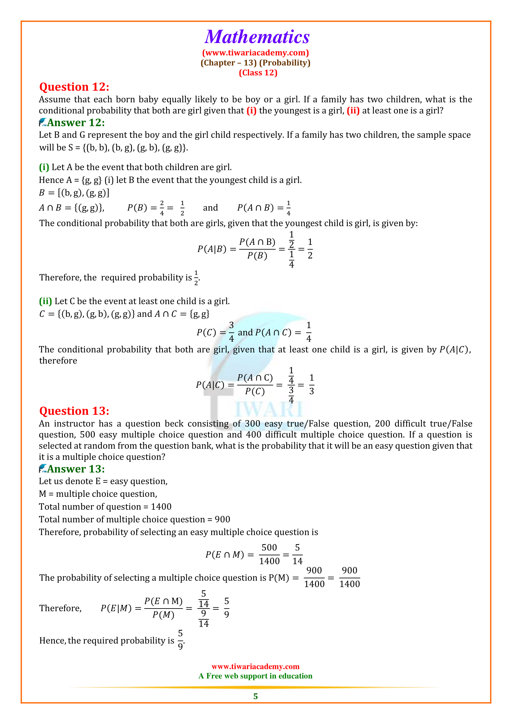 NCERT Solutions for Class 12 Maths Chapter 13 Exercise 13.1 in PDF.