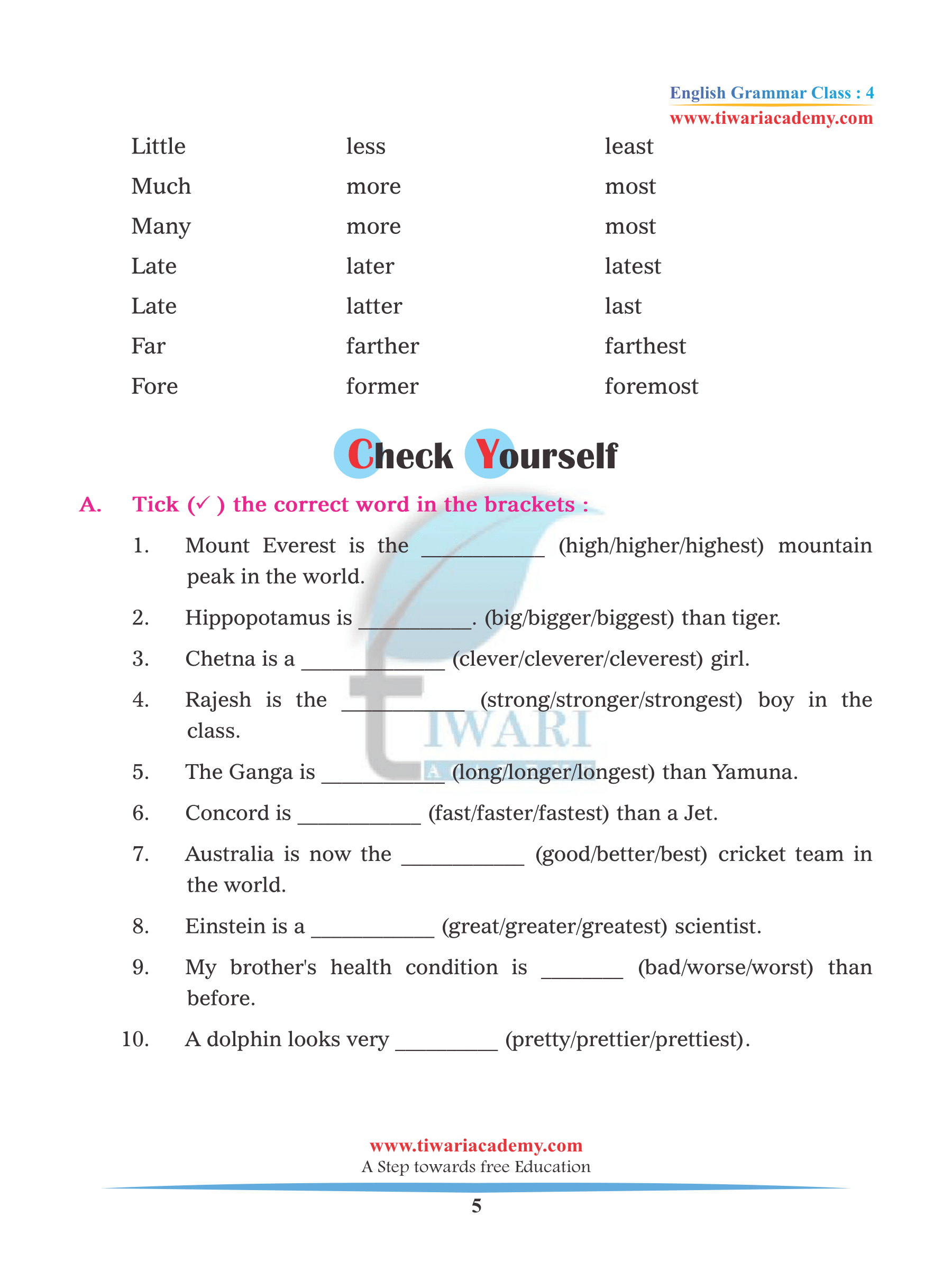 CBSE NCERT Class 4 English Grammar Chapter 10 Adjective and Degrees