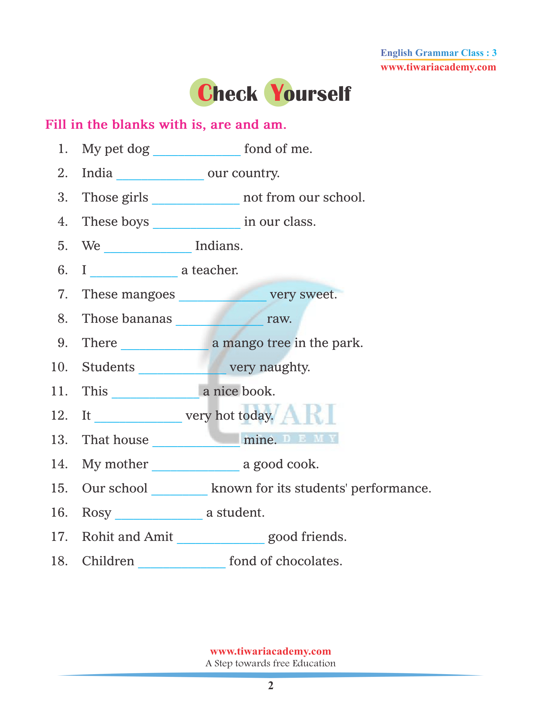 Class 3 English Grammar Chapter 10 Use of Is, Am, Are in Sentences.