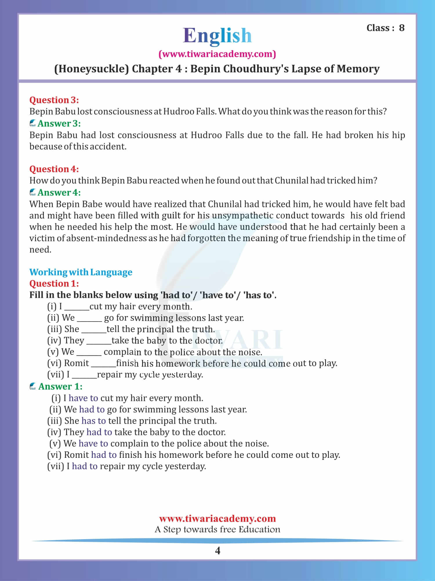 Ncert Solutions For Class 8 English Honeydew Chapter 2 Extra Questions