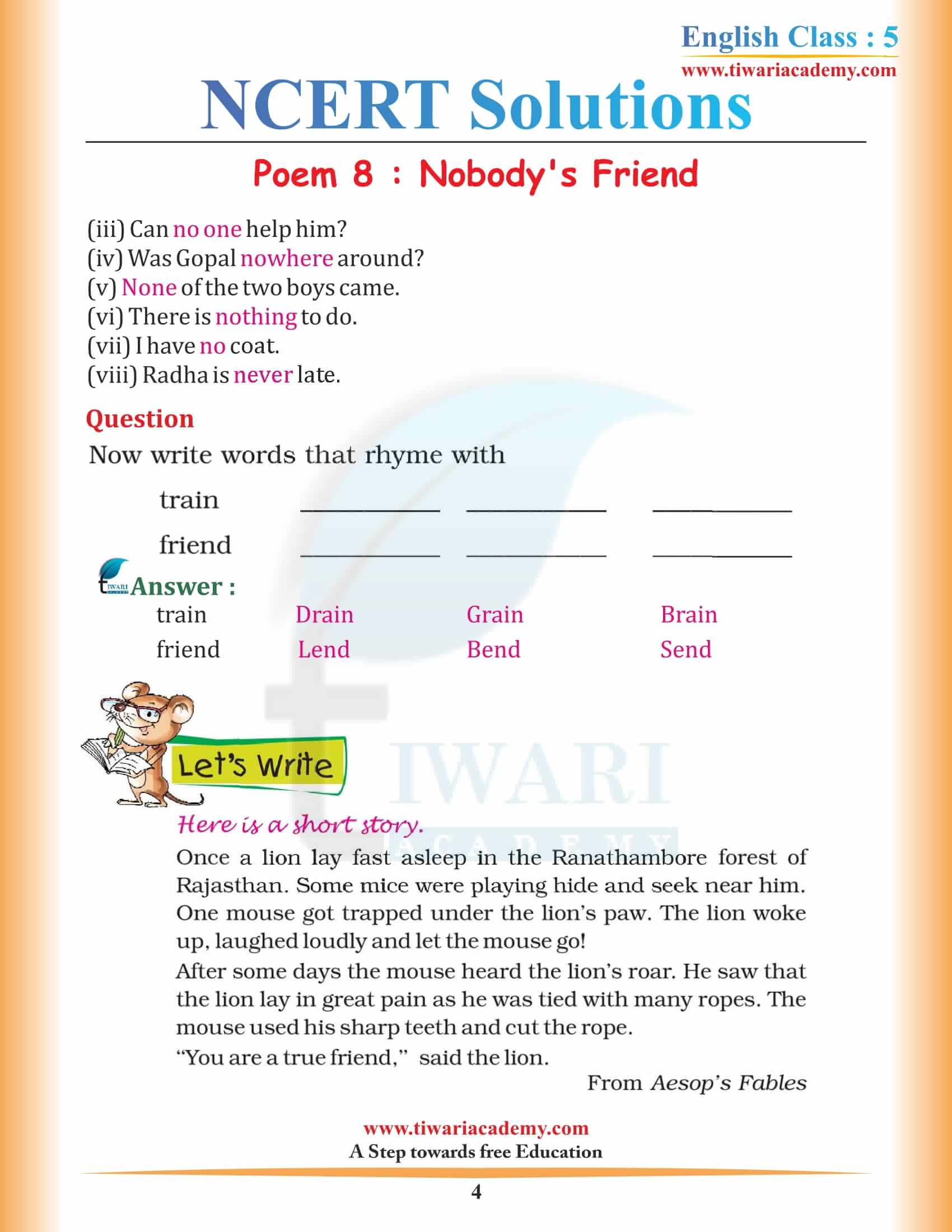 NCERT Solutions for Class 5 English Chapter 8 Nobody’s Friend in PDF
