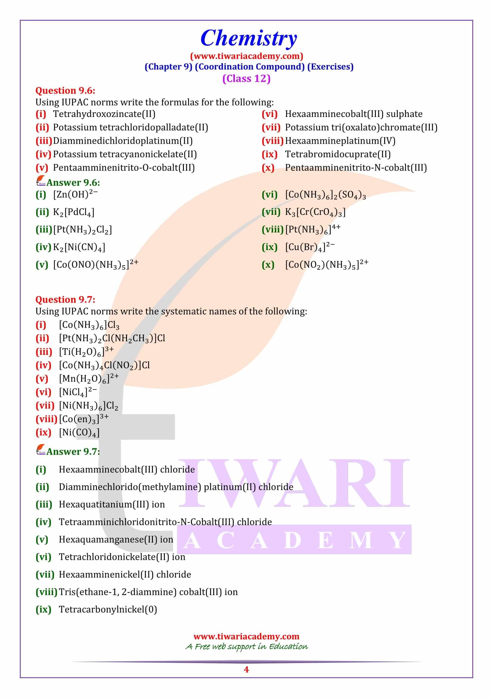 NCERT Solutions For Class 12 Chemistry Chapter 9 Coordination Compound