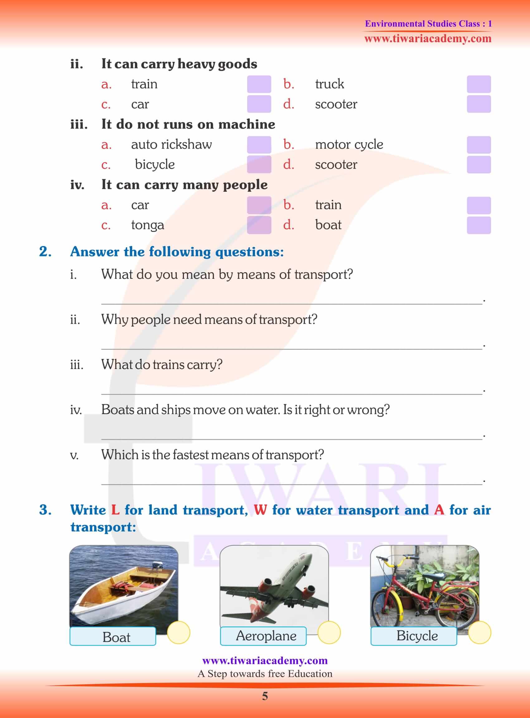 Ncert Solutions For Class 1 Evs Chapter 12 Means Of Transport