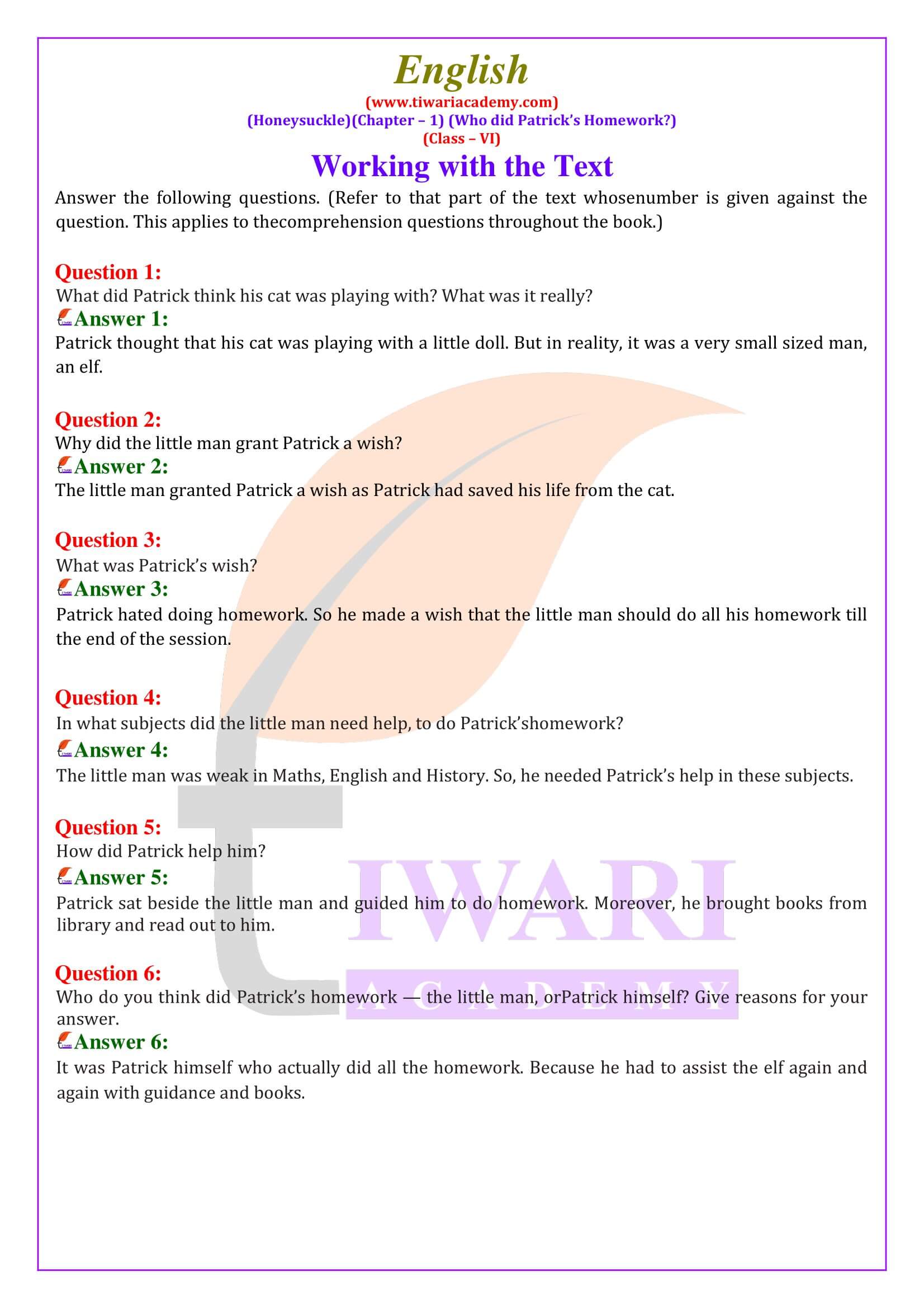 Class 6 English Chapter 1 Worksheet Answers
