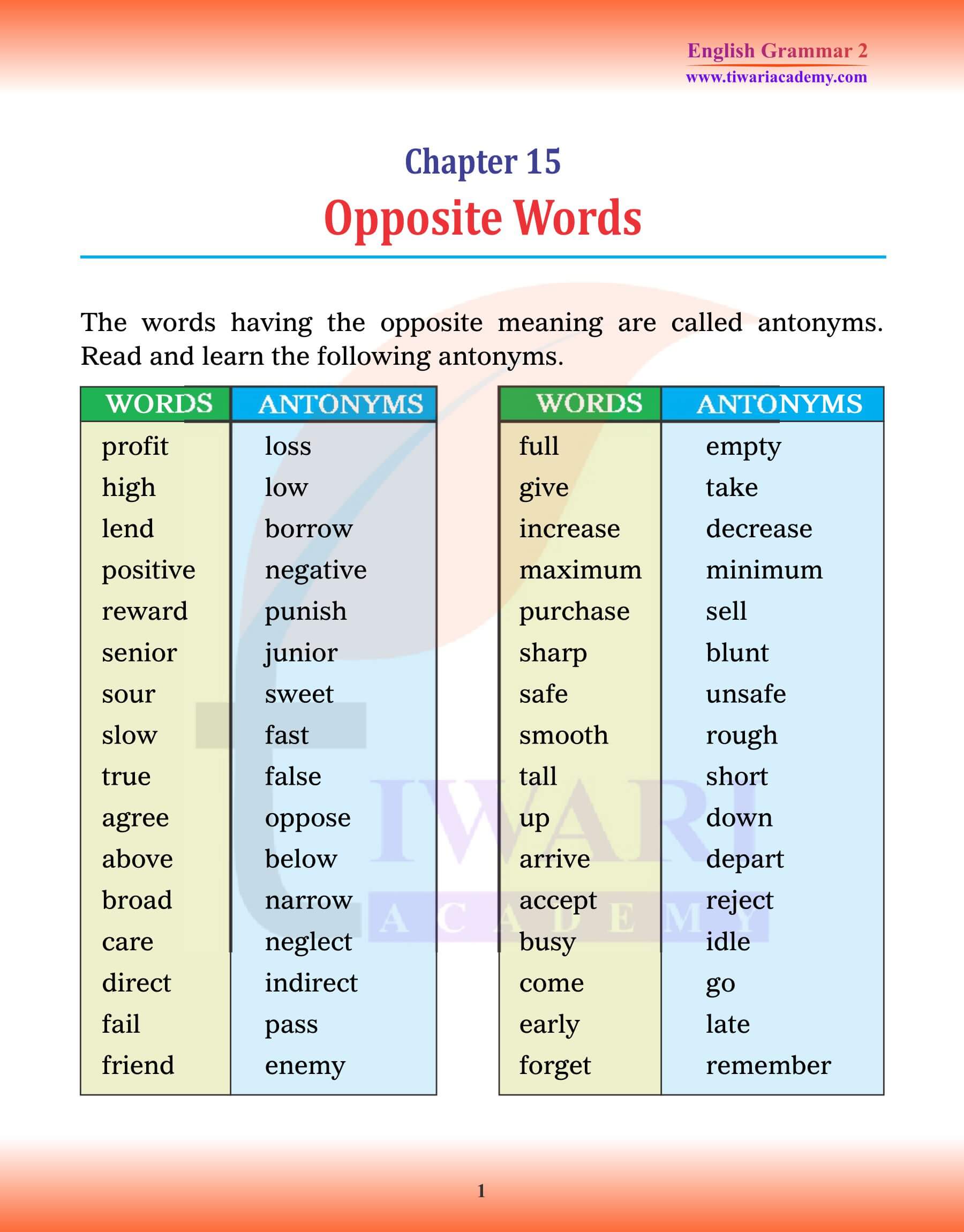 Class 2 English Grammar Chapter 15 Opposite Words for 2023-24
