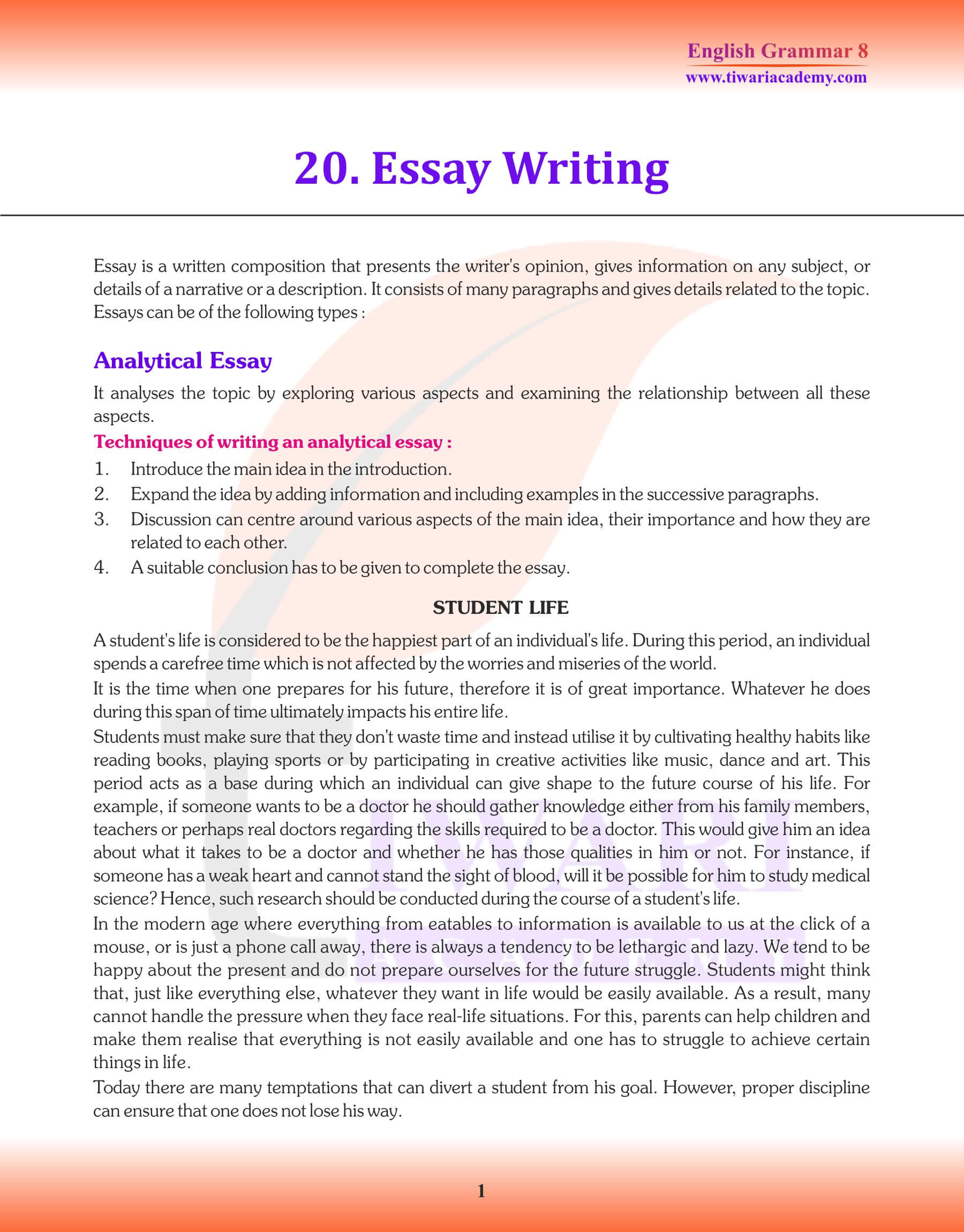 Class 8 English Grammar Chapter 20 Essay Writing for Session 2023-24
