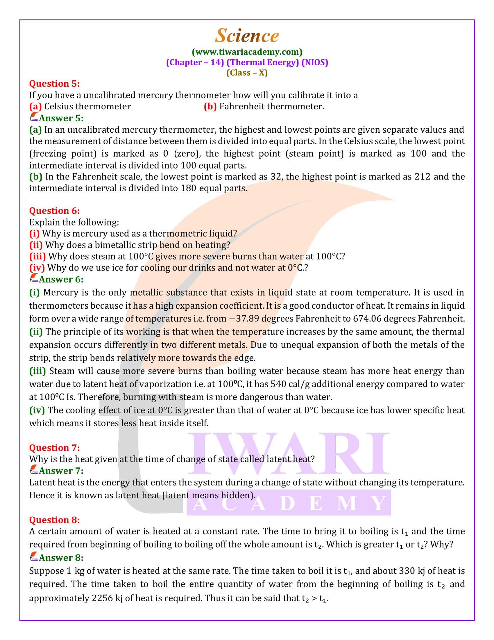 NIOS Class 10 Science Chapter 14 Thermal Energy Question Answers