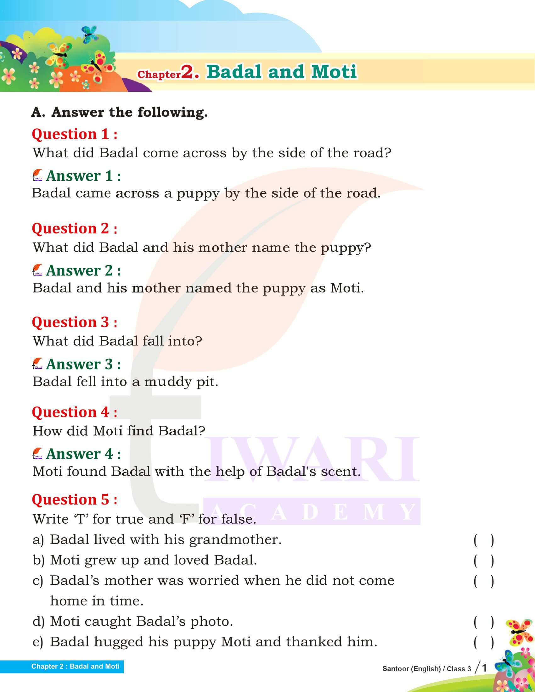 Class 3 English Santoor Chapter 2 Badal and Moti Answers
