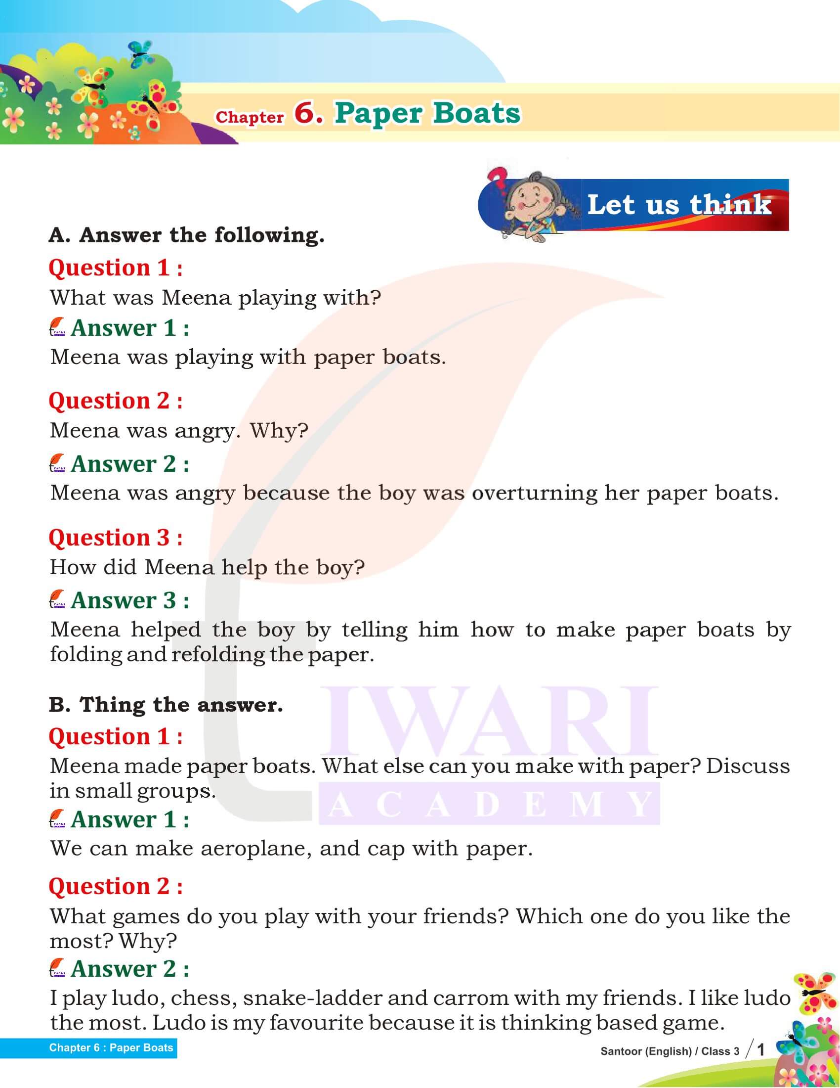 NCERT Solutions for Class 3 English Santoor Chapter 6 Paper Boats Answers