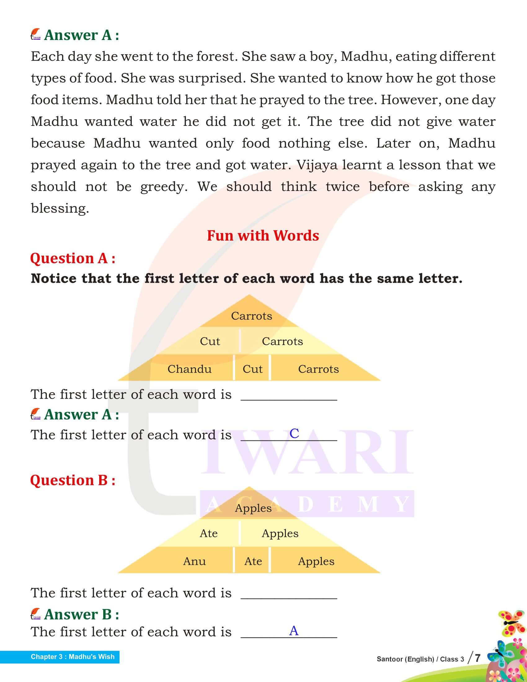 Class 3 English Santoor Chapter 9 Answers of exercises