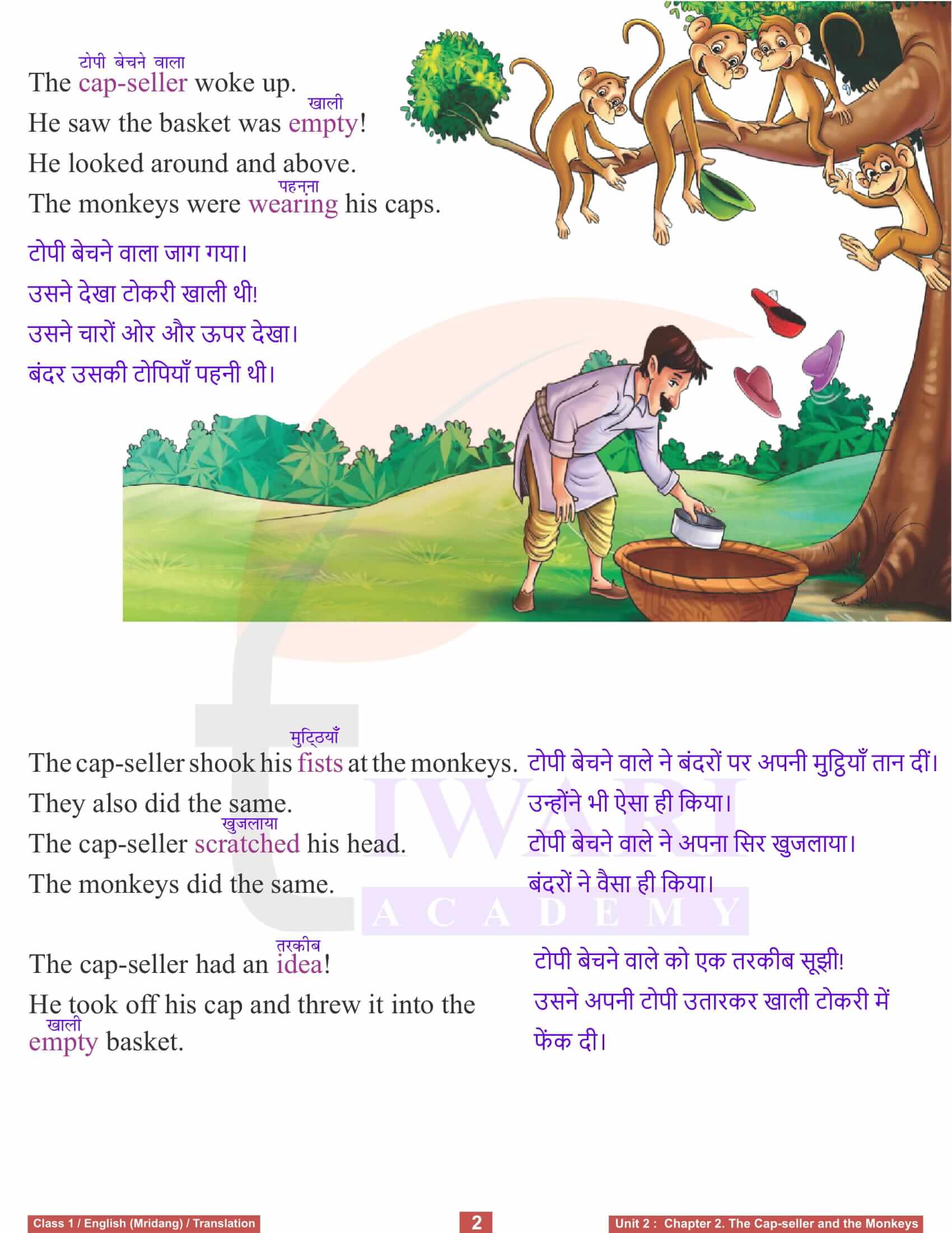 NCERT Solutions for Class 1 English Mridang Chapter 2 The Cap-seller and the Monkeys of Unit 2 Translation