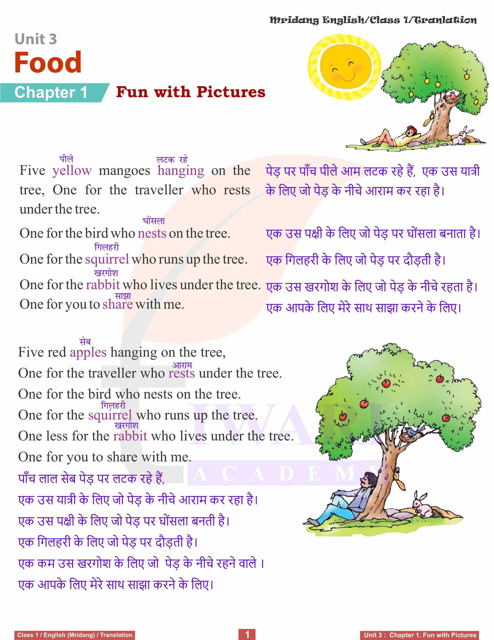 NCERT Solutions for Class 1 English Mridang Unit 3 Food Chapter 1 Fun with Pictures Translation
