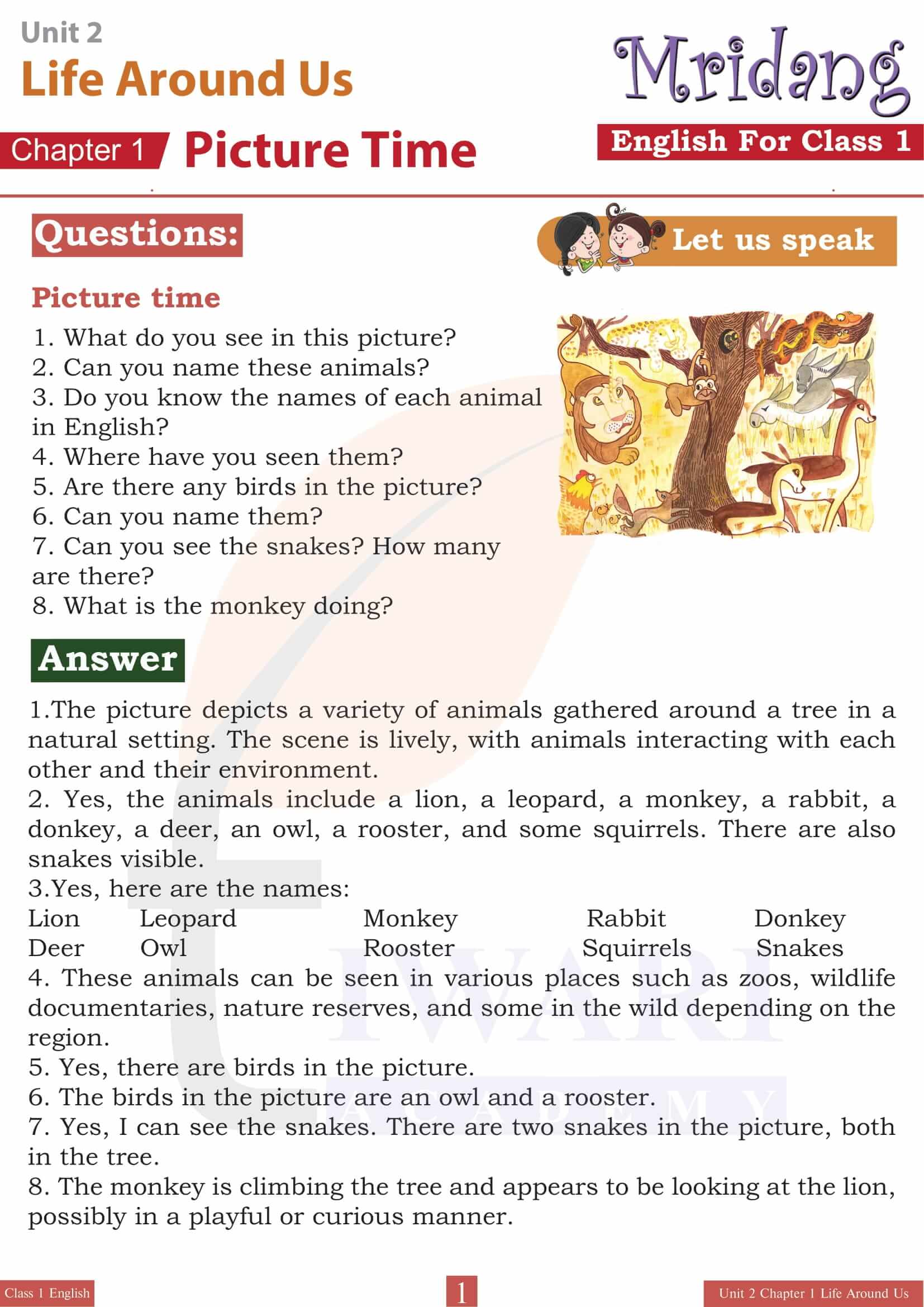 NCERT Solutions for Class 1 English Mridang Chapter 1 Picture Time of Unit 2 Life Around Us Question Answers