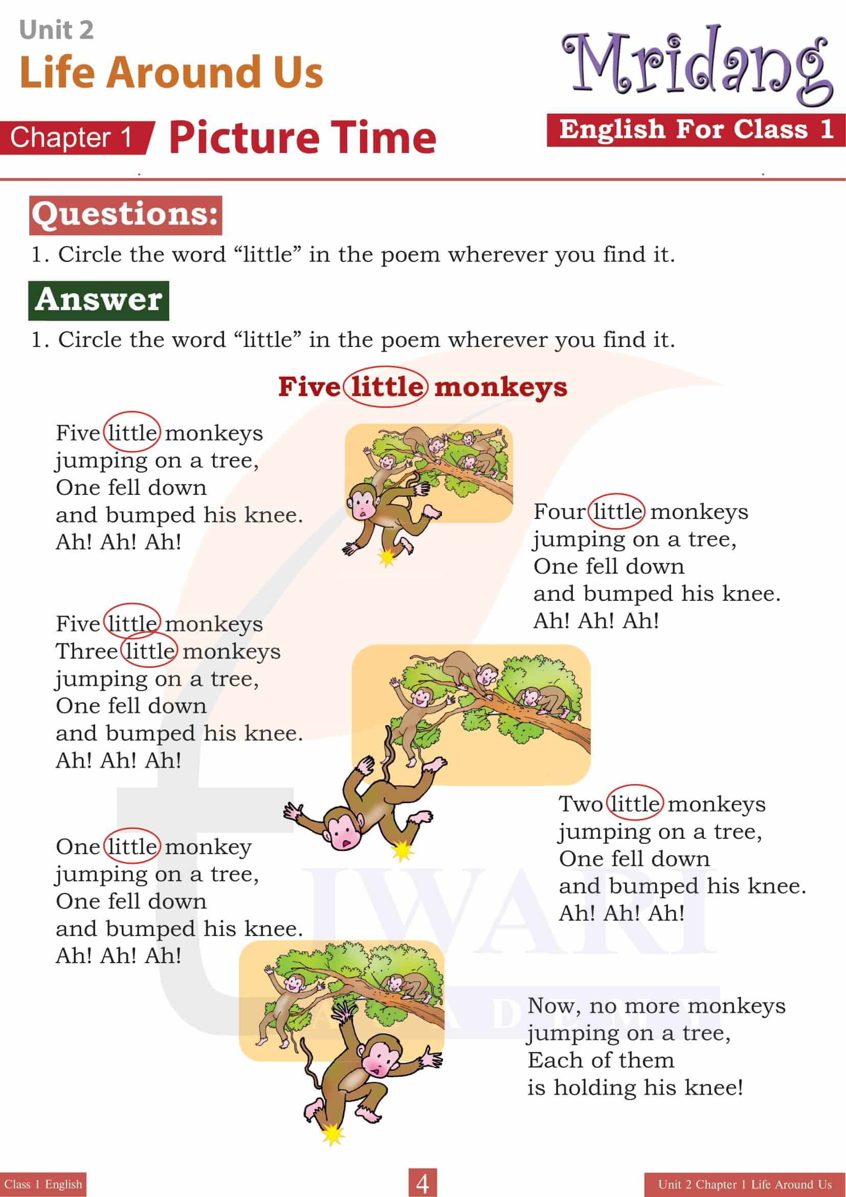 NCERT Solutions for Class 1 English Mridang Unit 2 Chapter 1 Picture Time Answers
