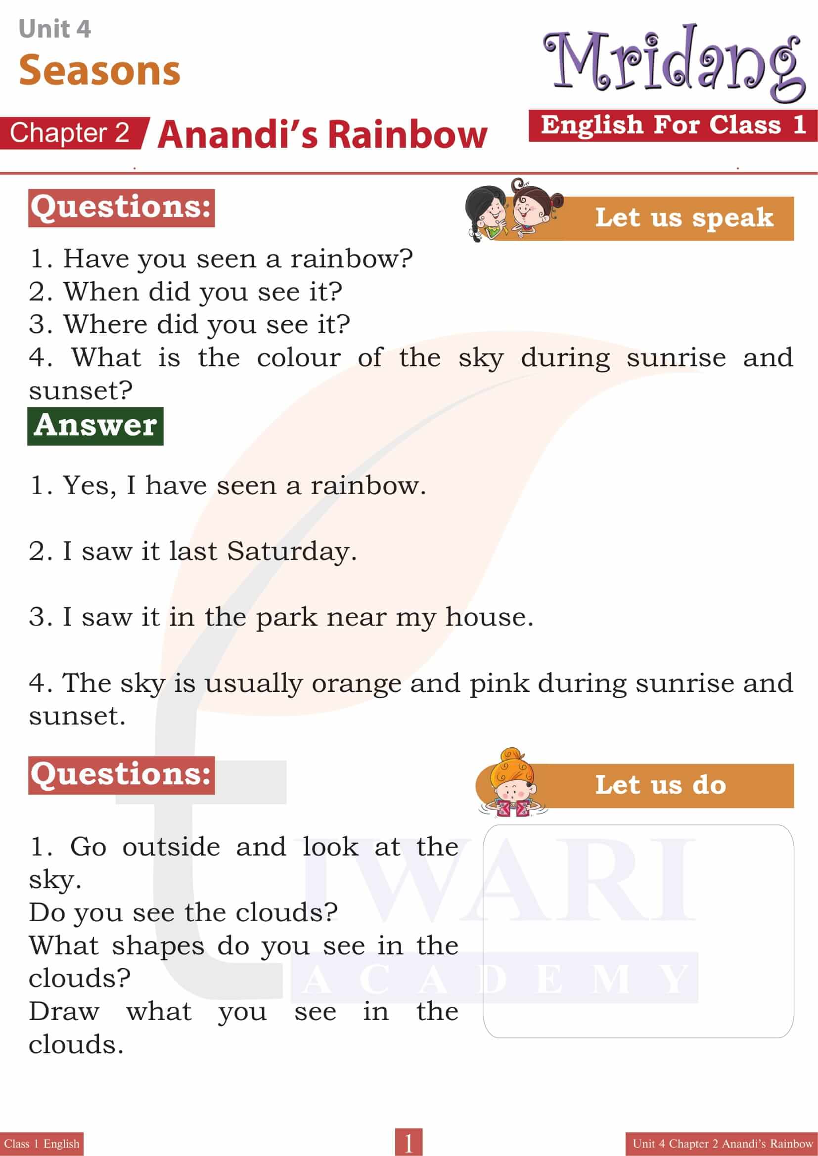 NCERT Solutions for Class 1 English Mridang Unit 4 Seasons Chapter 2 Anandi’s Rainbow