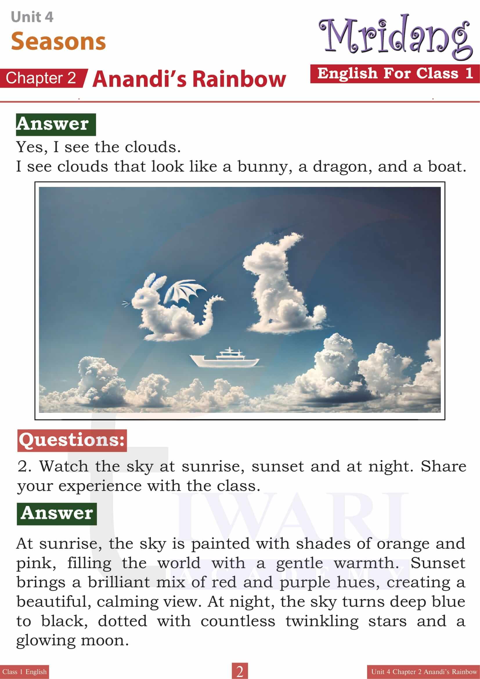 NCERT Solutions for Class 1 English Mridang Unit 4 Seasons Chapter 2 Anandi’s Rainbow Question Answers