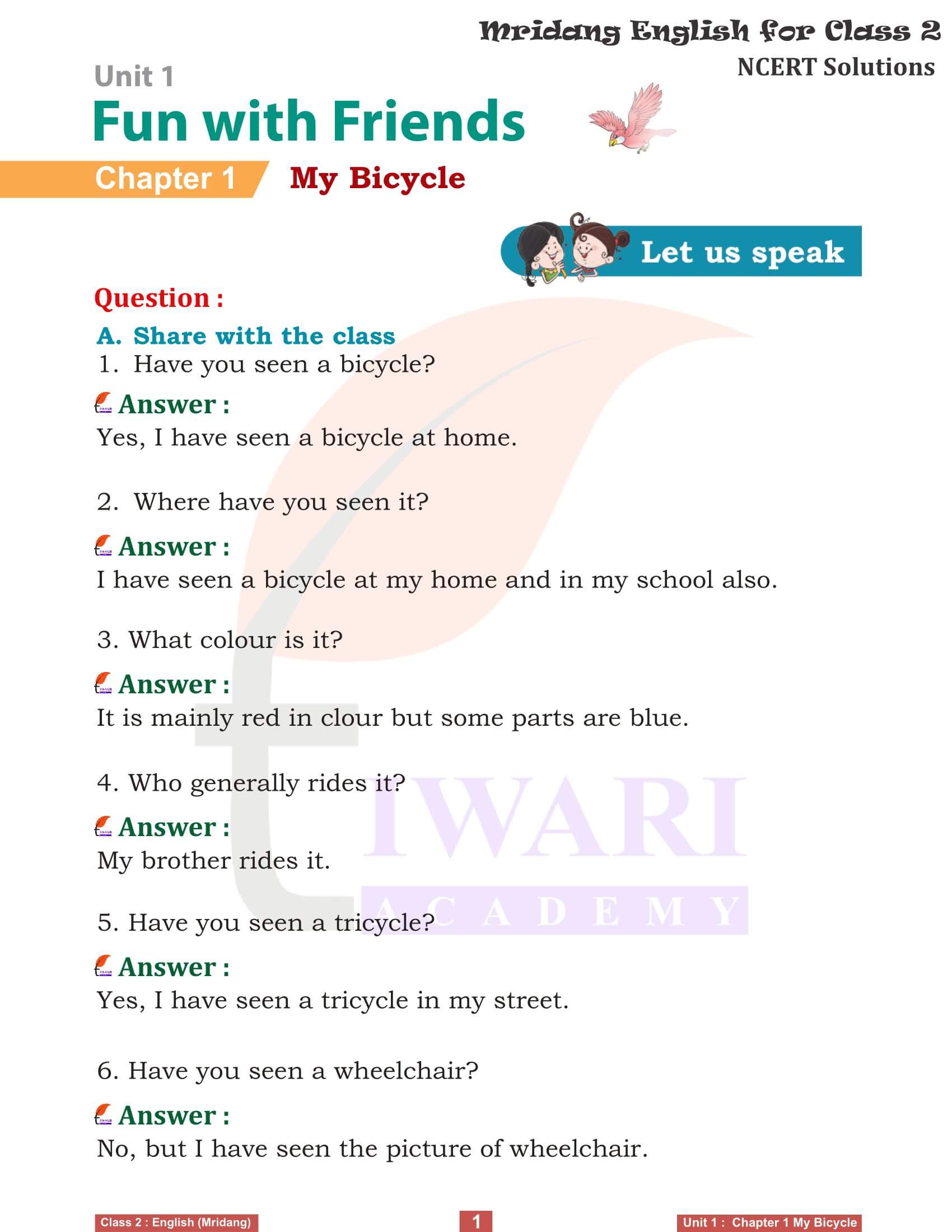 NCERT Solutions for class 2 English Mridang unit 1 Fun with Friends Chapter 1 My Bicycle