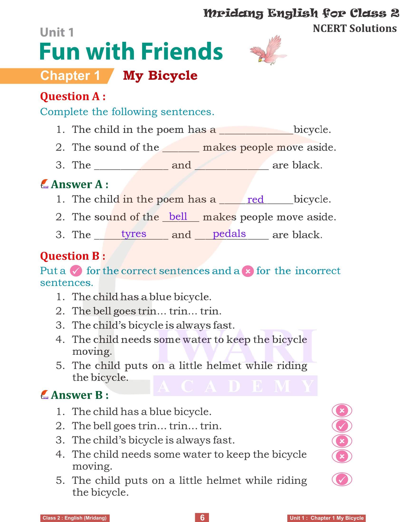 NCERT Solutions for class 2 English Mridang unit 1 Fun with Friends Chapter 1 My Bicycle Exercises