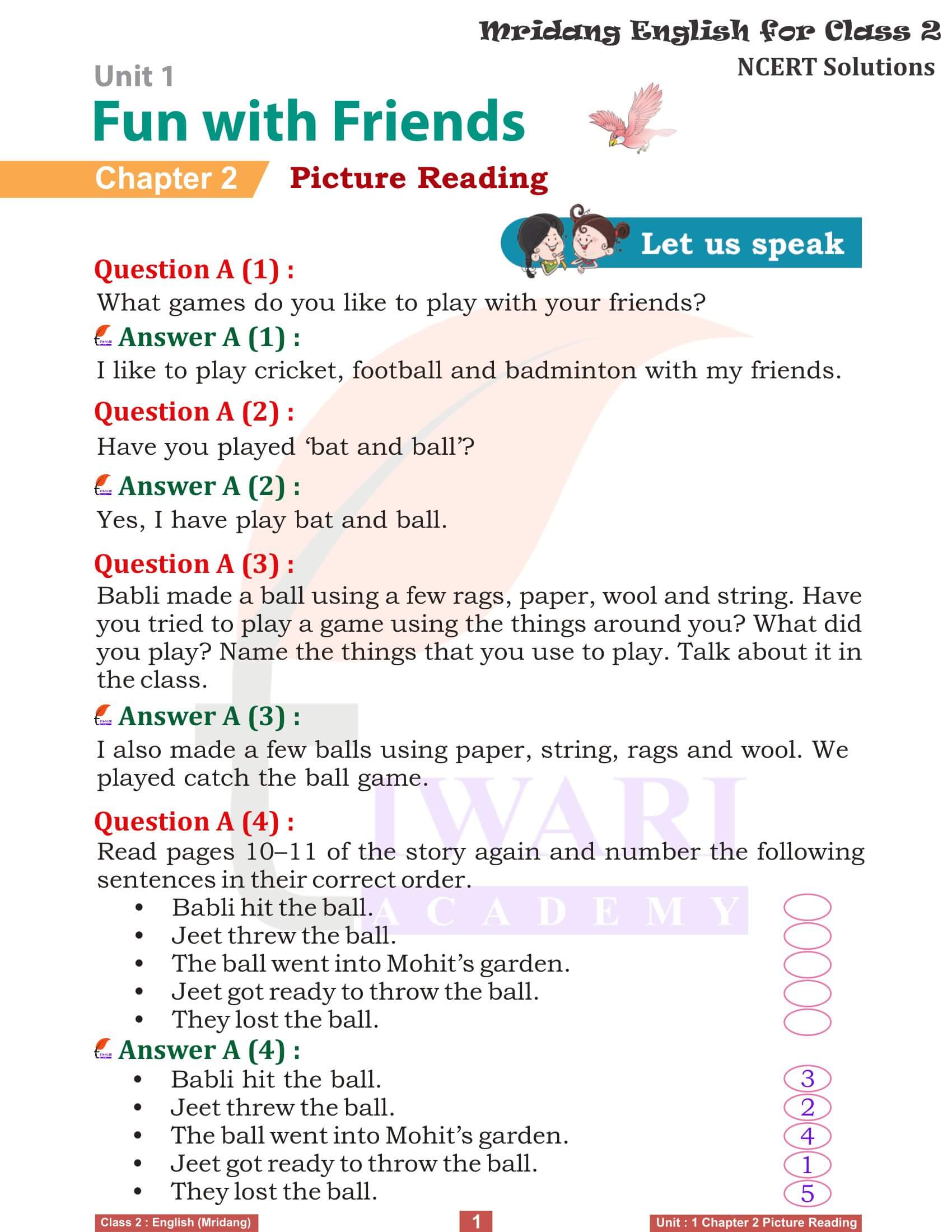 NCERT Solutions for Class 2 English Mridang Unit 1 Fun with Friends Chapter 2 Picture Reading