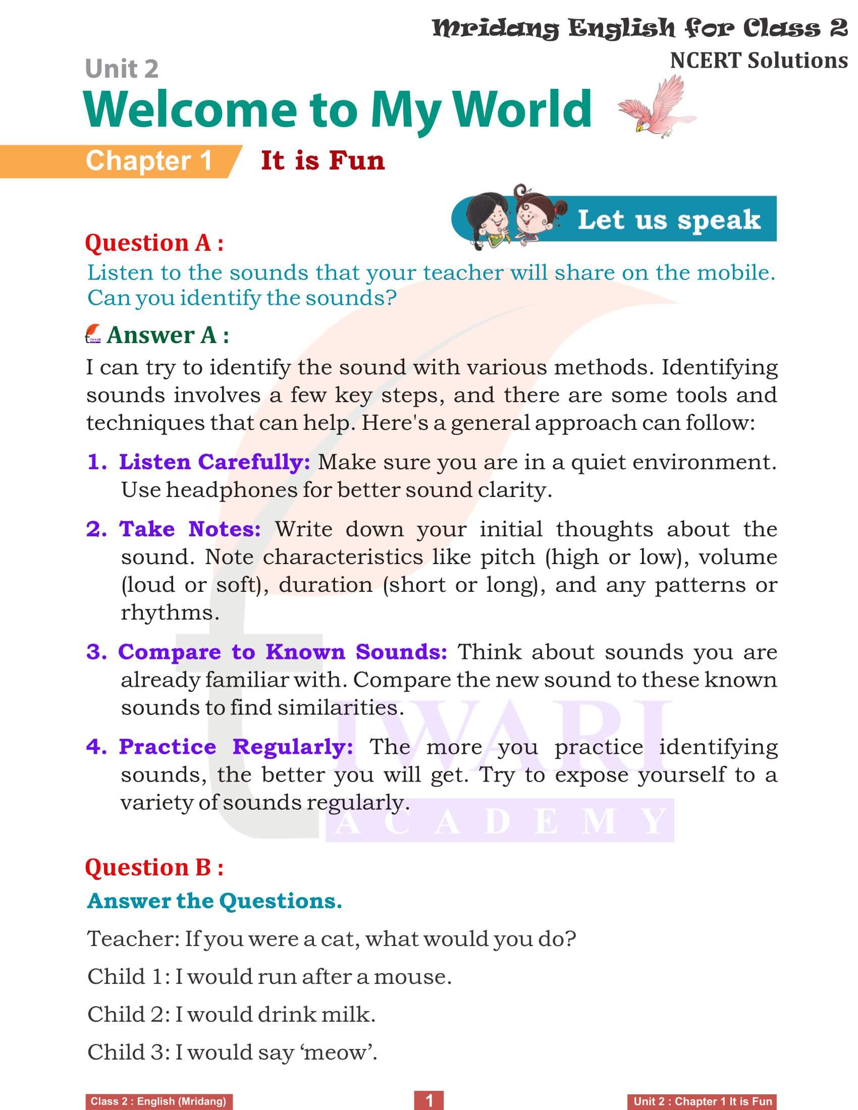 NCERT Solutions for class 2 English Mridang Unit 2 Welcome to My World Chapter 1 It is Fun