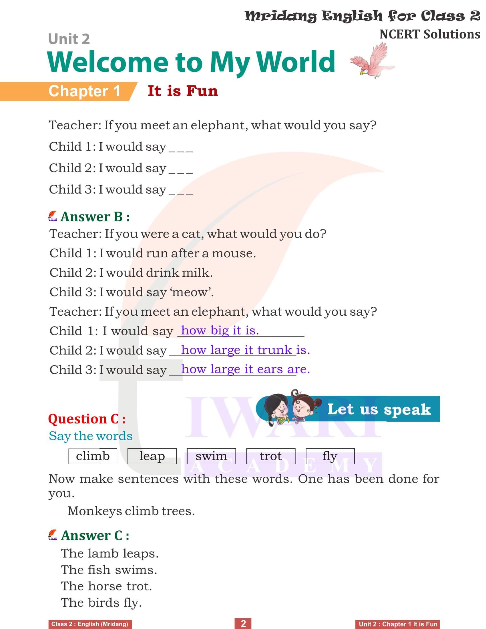 NCERT Solutions for class 2 English Mridang Unit 2 Welcome to My World Chapter 1 It is Fun Answers