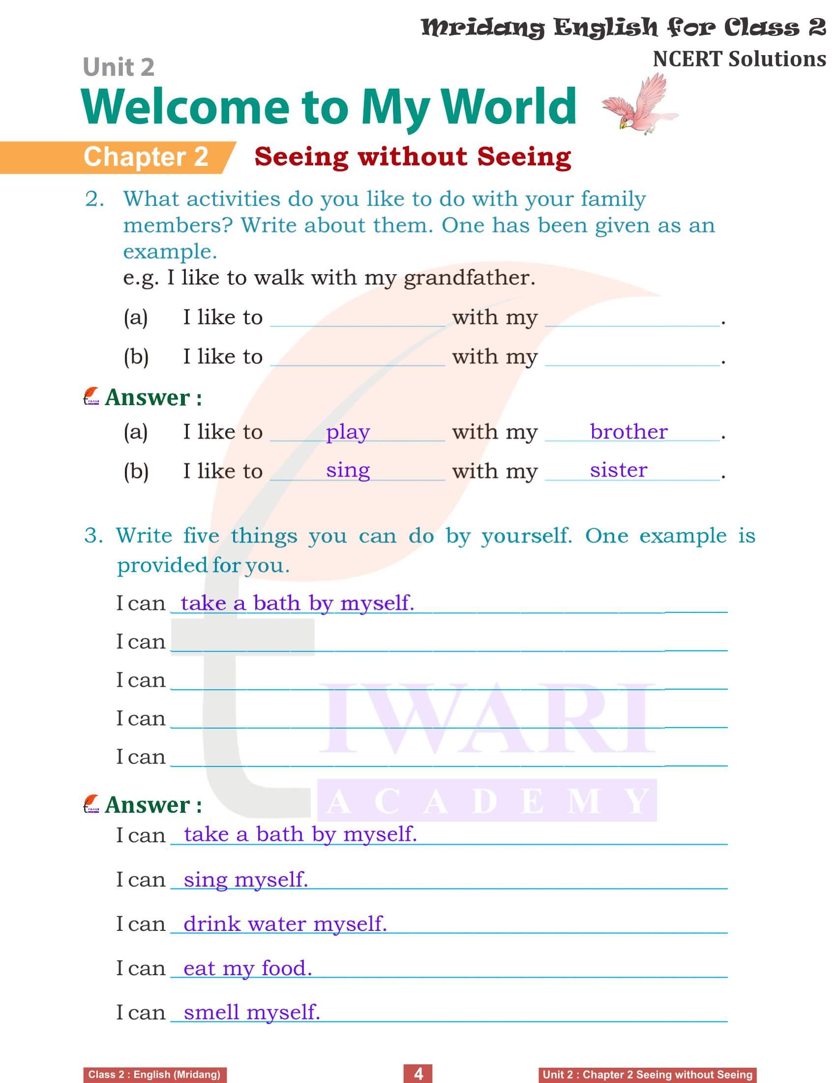 Class 2 English Mridang Unit 2 Welcome to My World Chapter 2 Seeing without Seeing