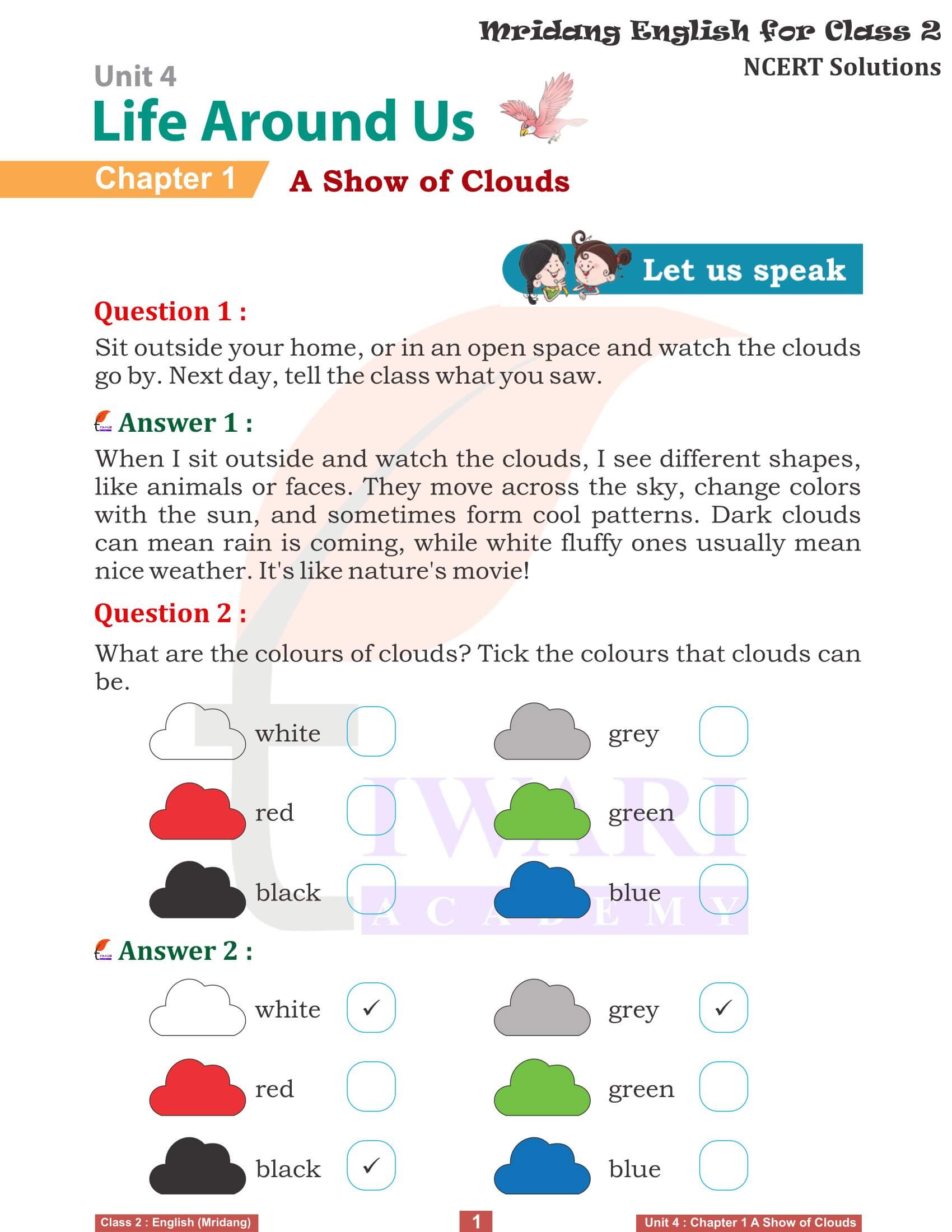 NCERT Solutions for Class 2 English Mridang Unit 4 Life Around Us Chapter 1 A Show of Clouds