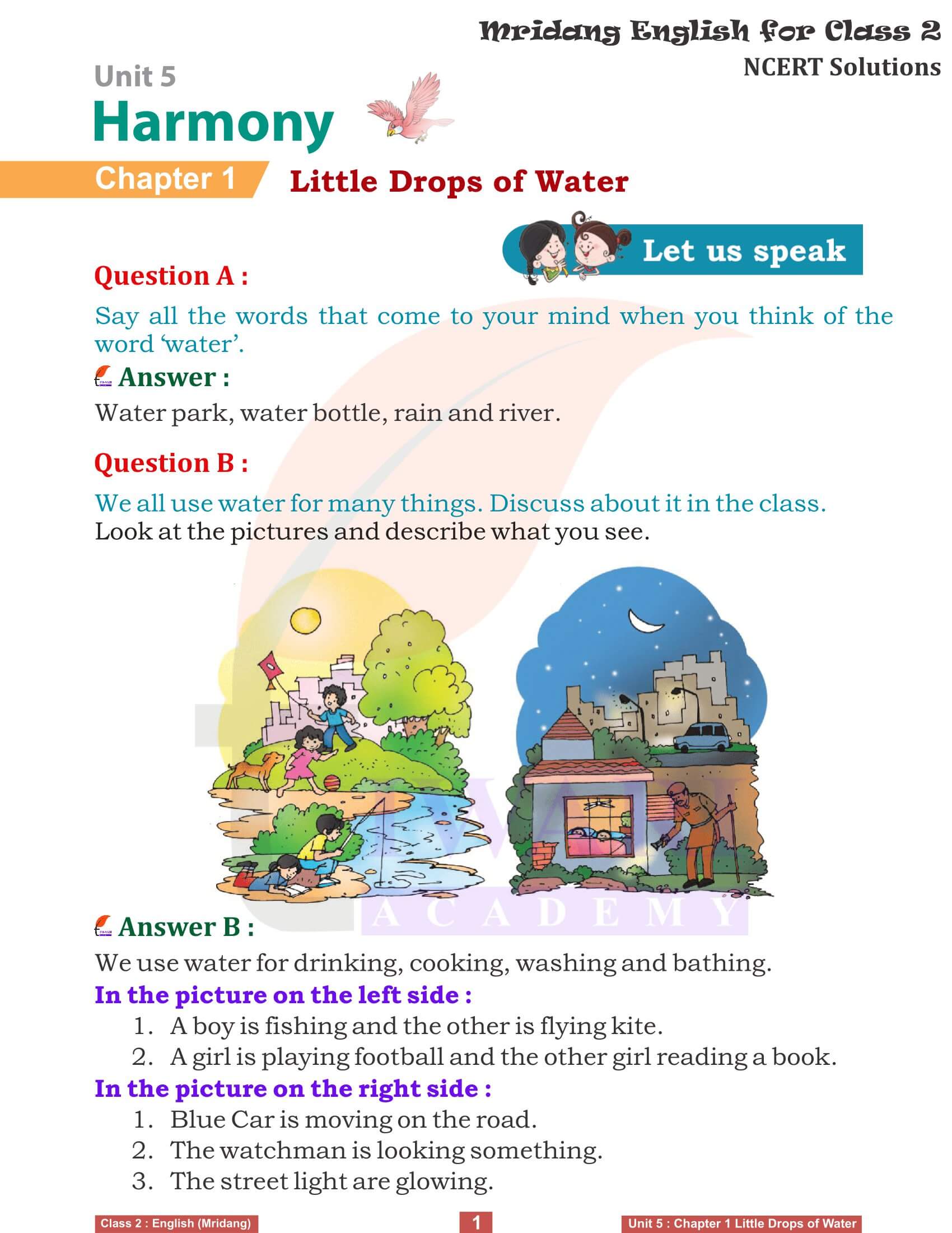 NCERT Solutions for Class 2 English Mridang Unit 5 Harmony Chapter 1 Little Drops of Water