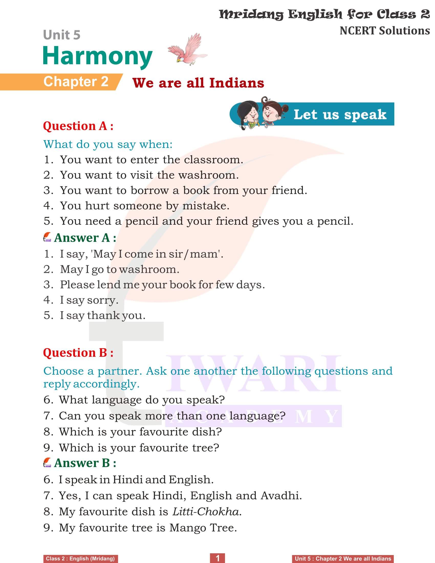 NCERT Solutions for Class 2 English Mridang Unit 5 Harmony Chapter 2 We are all Indians