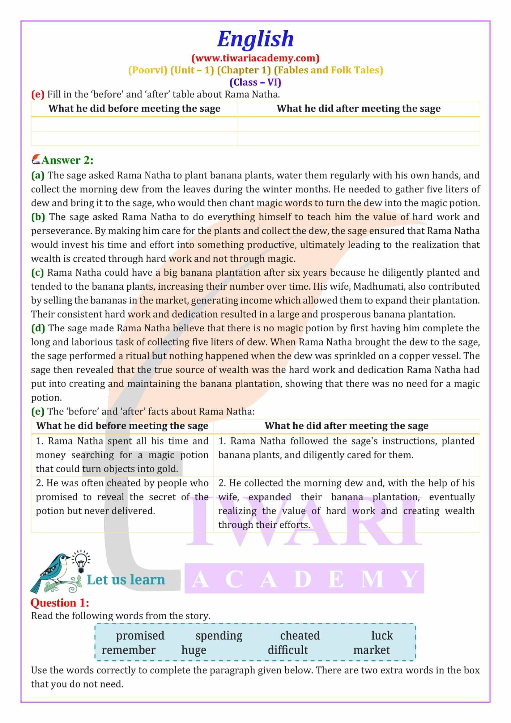 Class 6 English Poorvi Unit 1 Fables and Folk Tales Chapter 1 A Bottle of Dew Question Answers