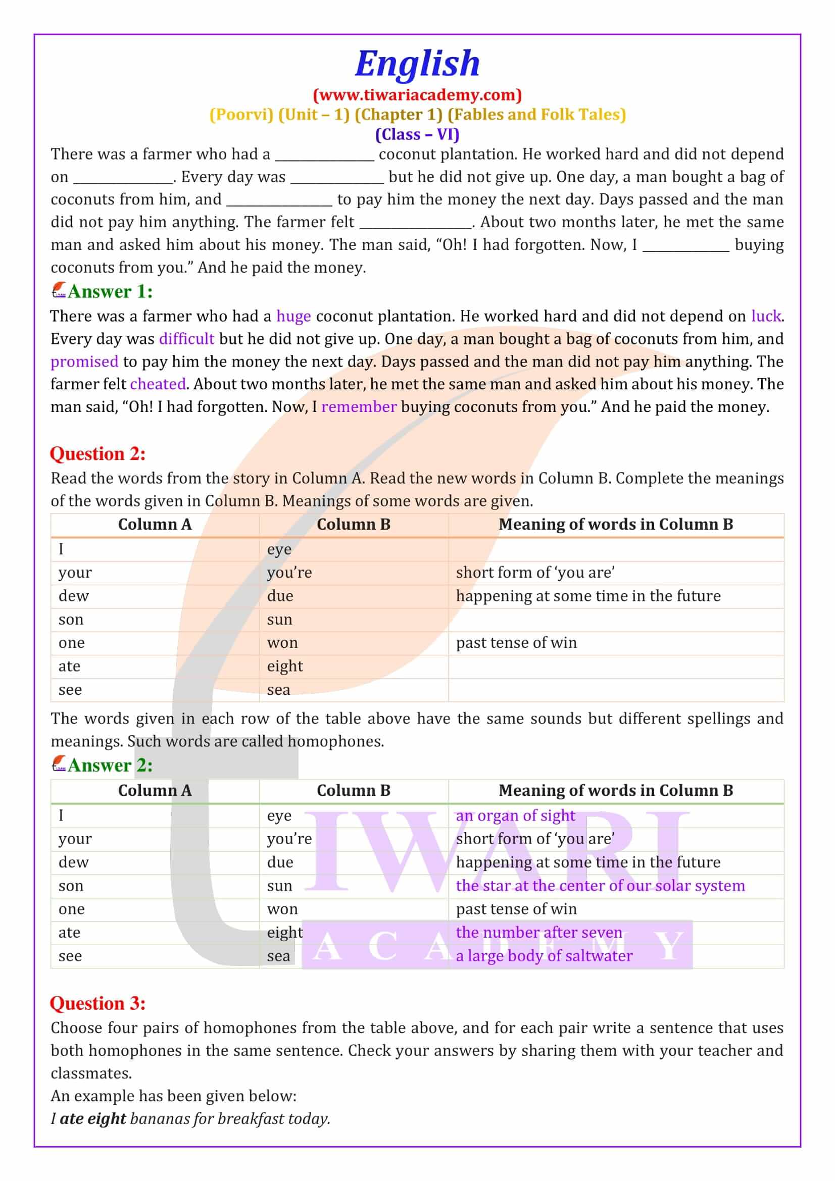 Class 6 English Poorvi Unit 1 Fables and Folk Tales Chapter 1 A Bottle of Dew Guide answers