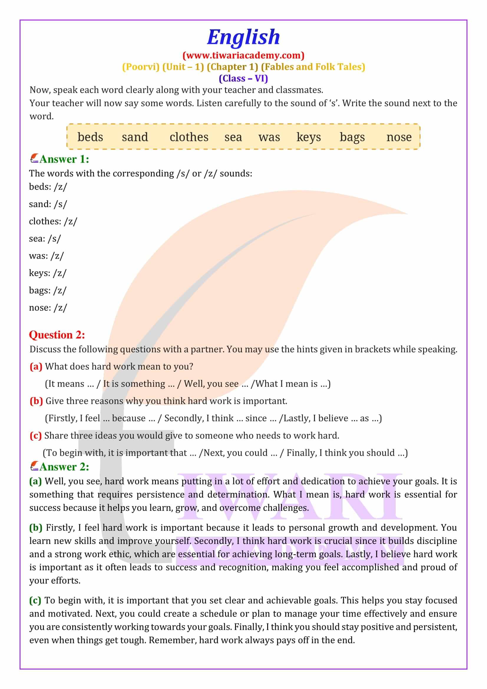 Class 6 English Poorvi Unit 1 Fables and Folk Tales Chapter 1 NCERT Solutions
