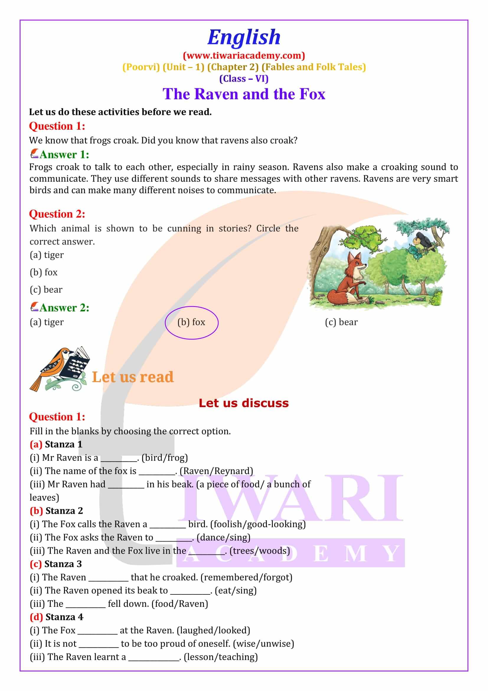 NCERT Solutions for Class 6 English Poorvi Unit 1 Fables and Folk Tales A Bottle of Chapter 2 The Raven and the Fox