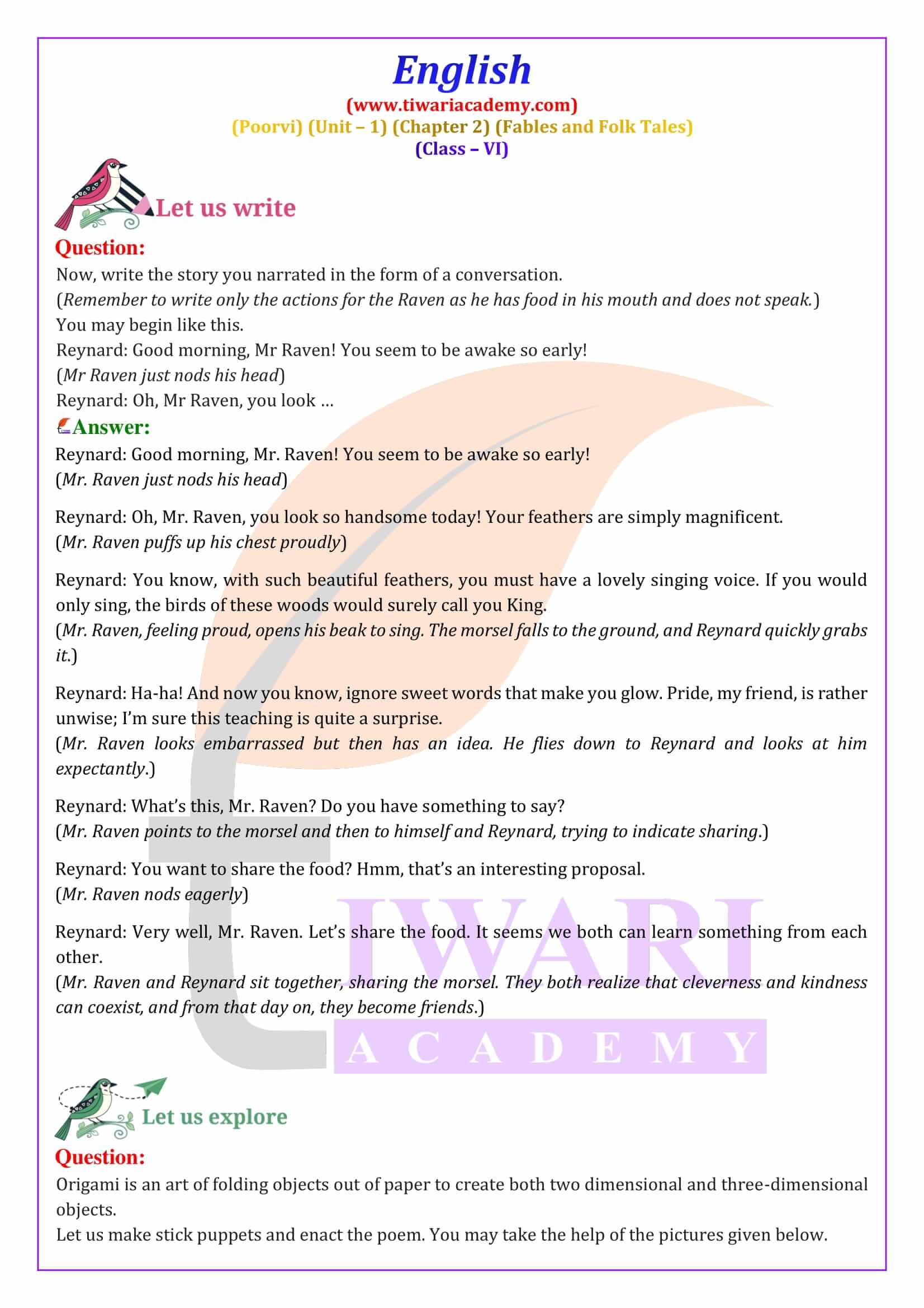 Class 6 English Poorvi Unit 1 Fables and Folk Tales A Bottle of Chapter 2 NCERT Answers