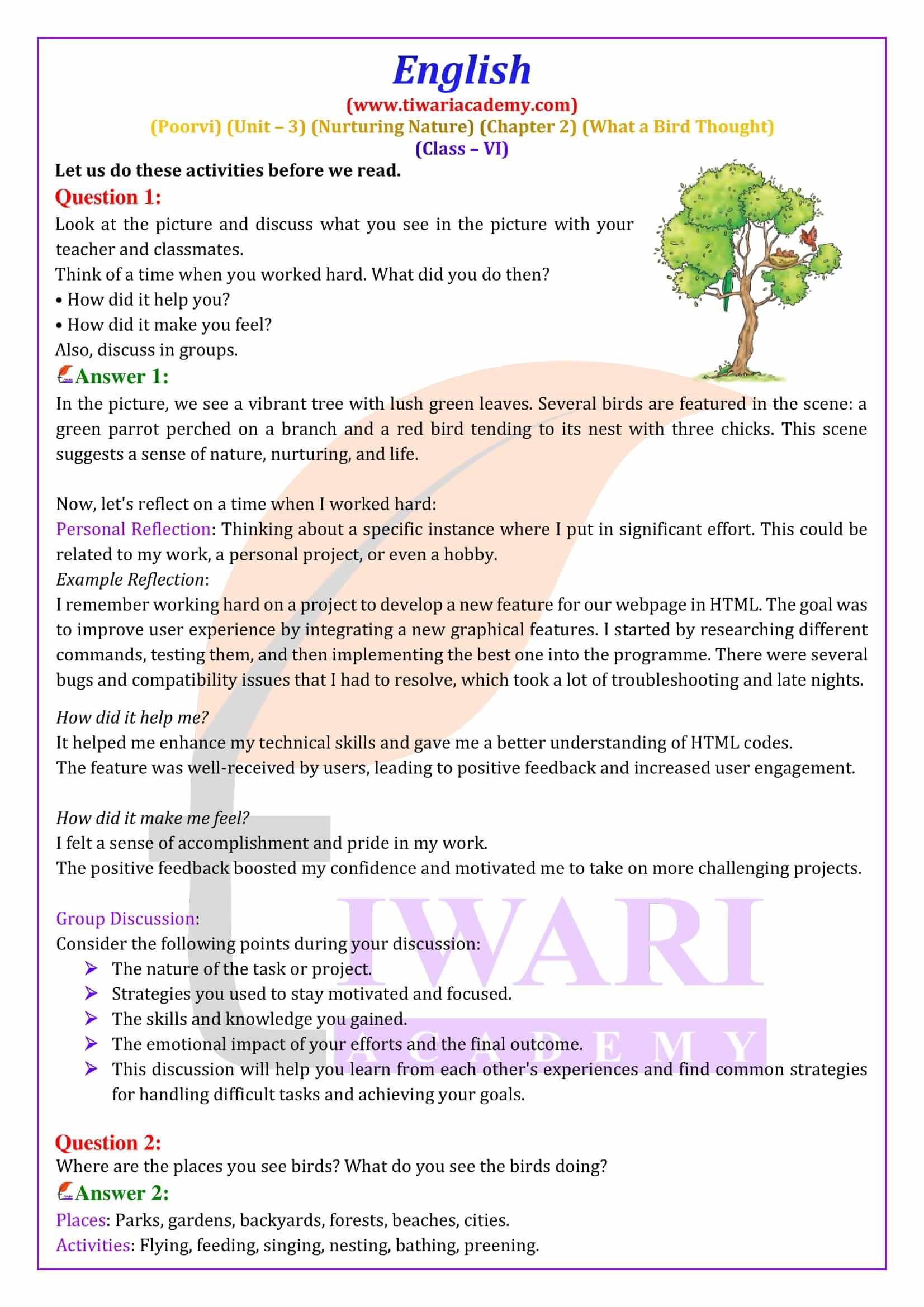 NCERT Solutions for Class 6 English Poorvi Unit 3 Nurturing Nature Chapter 2 What a Bird Thought