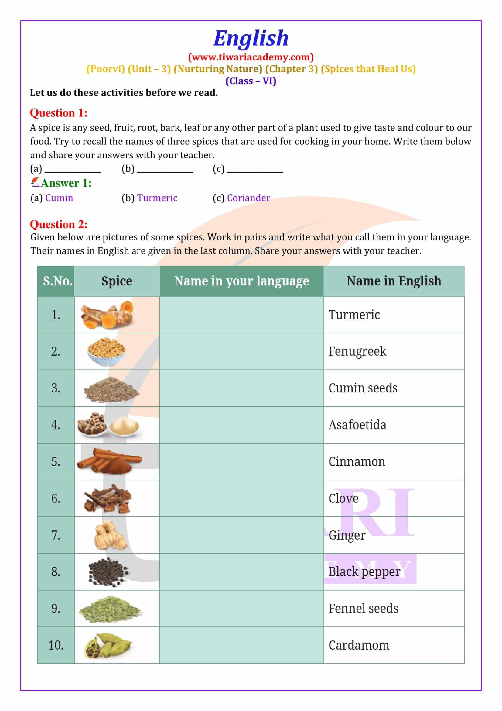 NCERT Solutions for Class 6 English Poorvi Unit 3 Nurturing Nature Chapter 3 Spices that Heal Us