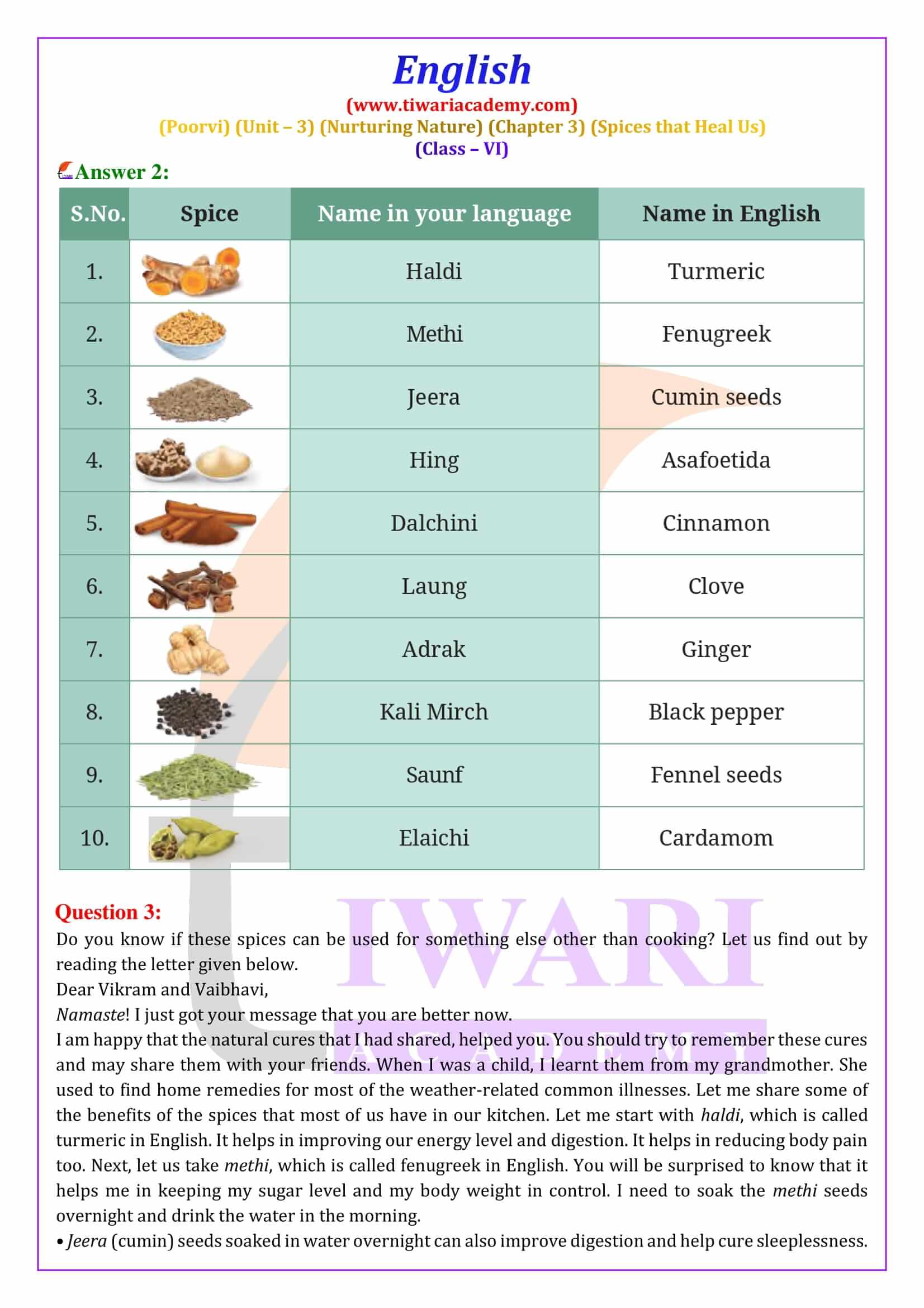 NCERT Class 6 English Poorvi Unit 3 Nurturing Nature Chapter 3 Spices that Heal Us