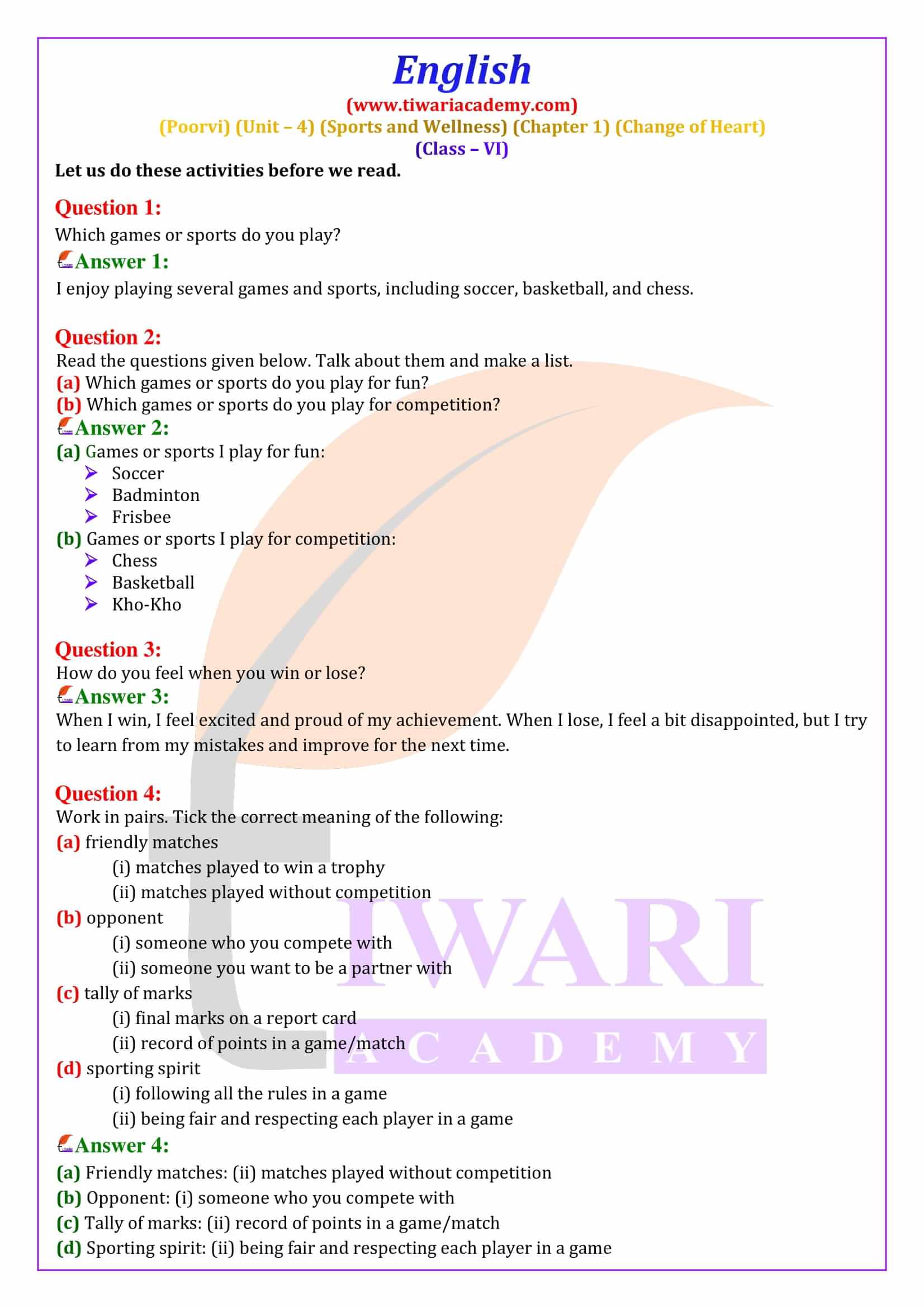 NCERT Solutions for Class 6 English Poorvi Unit 4 Sports and Wellness Chapter 1 Change of Heart