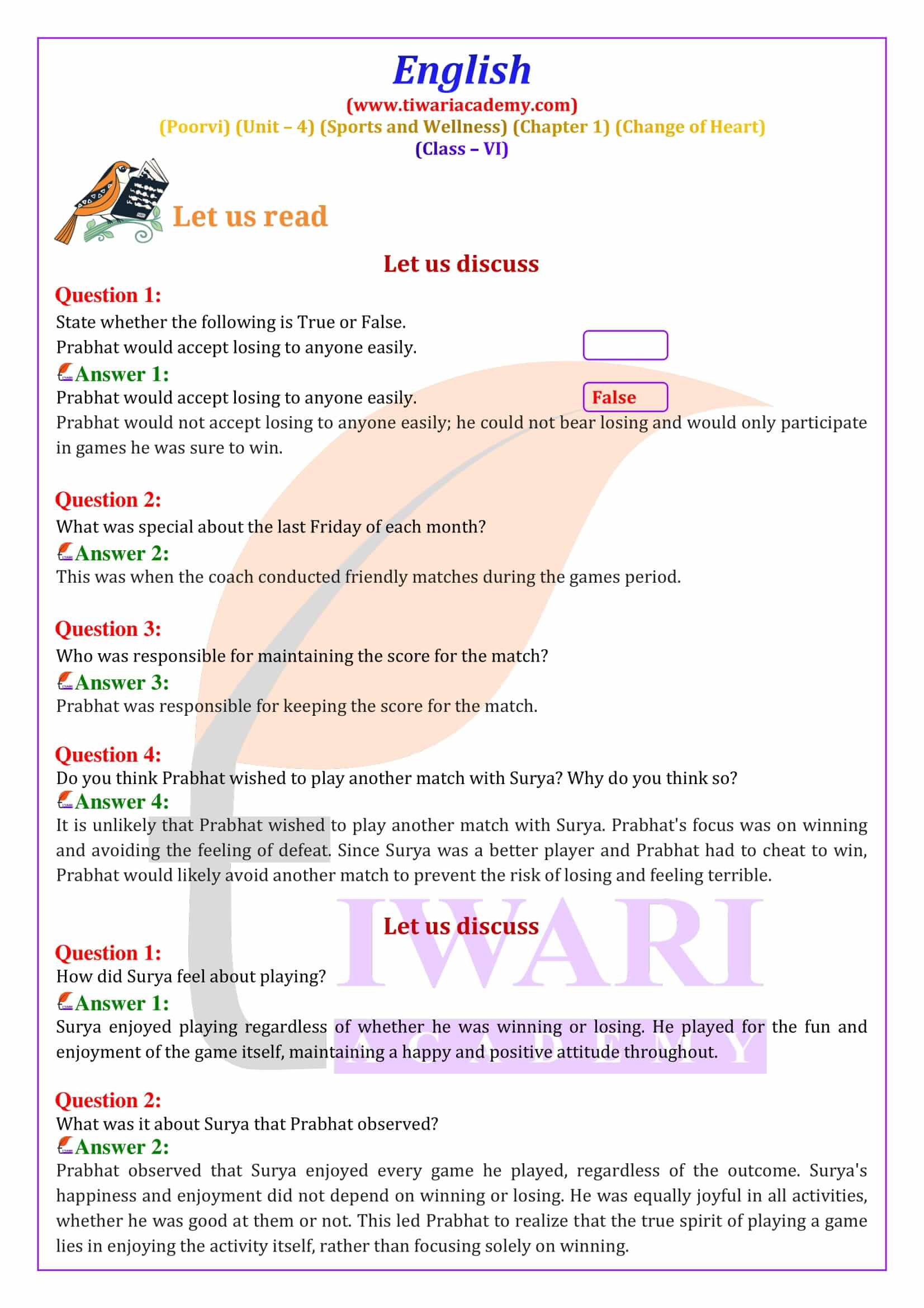 Class 6 English Poorvi Unit 4 Sports and Wellness Chapter 1 Change of Heart Solutions